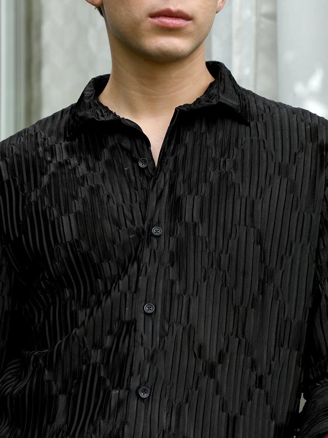 Black Textured Slim Fit Shirt With Semi-Spread Collar - Image 6