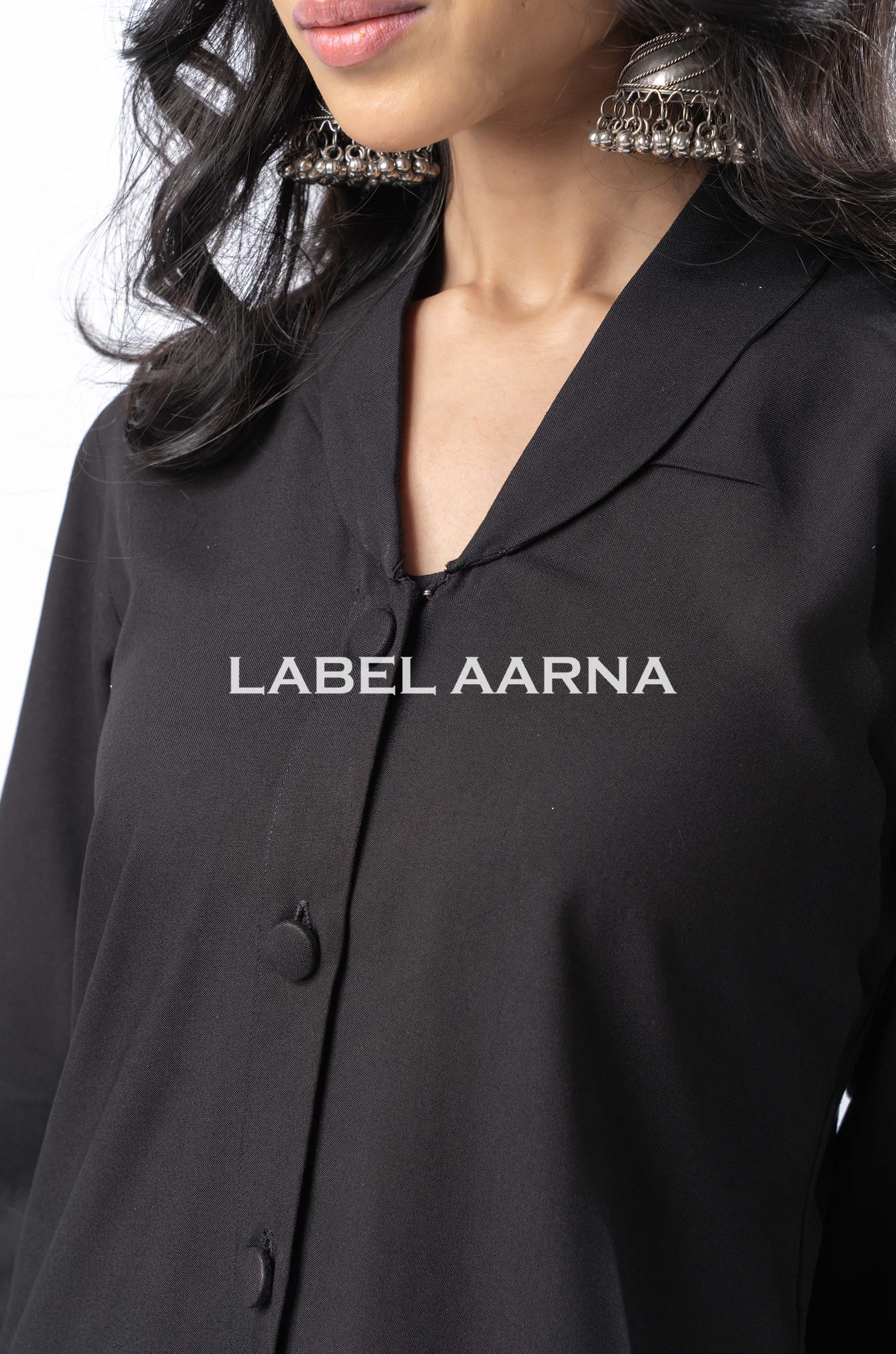Black Viscose Rayon Shawl Collar Straight With Curved Sleeves Co-Ord Set - Image 3