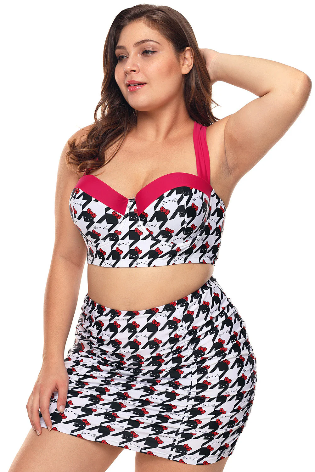 Black White Kitty Print Plus Size Bikini Top With Skirt - Image 2