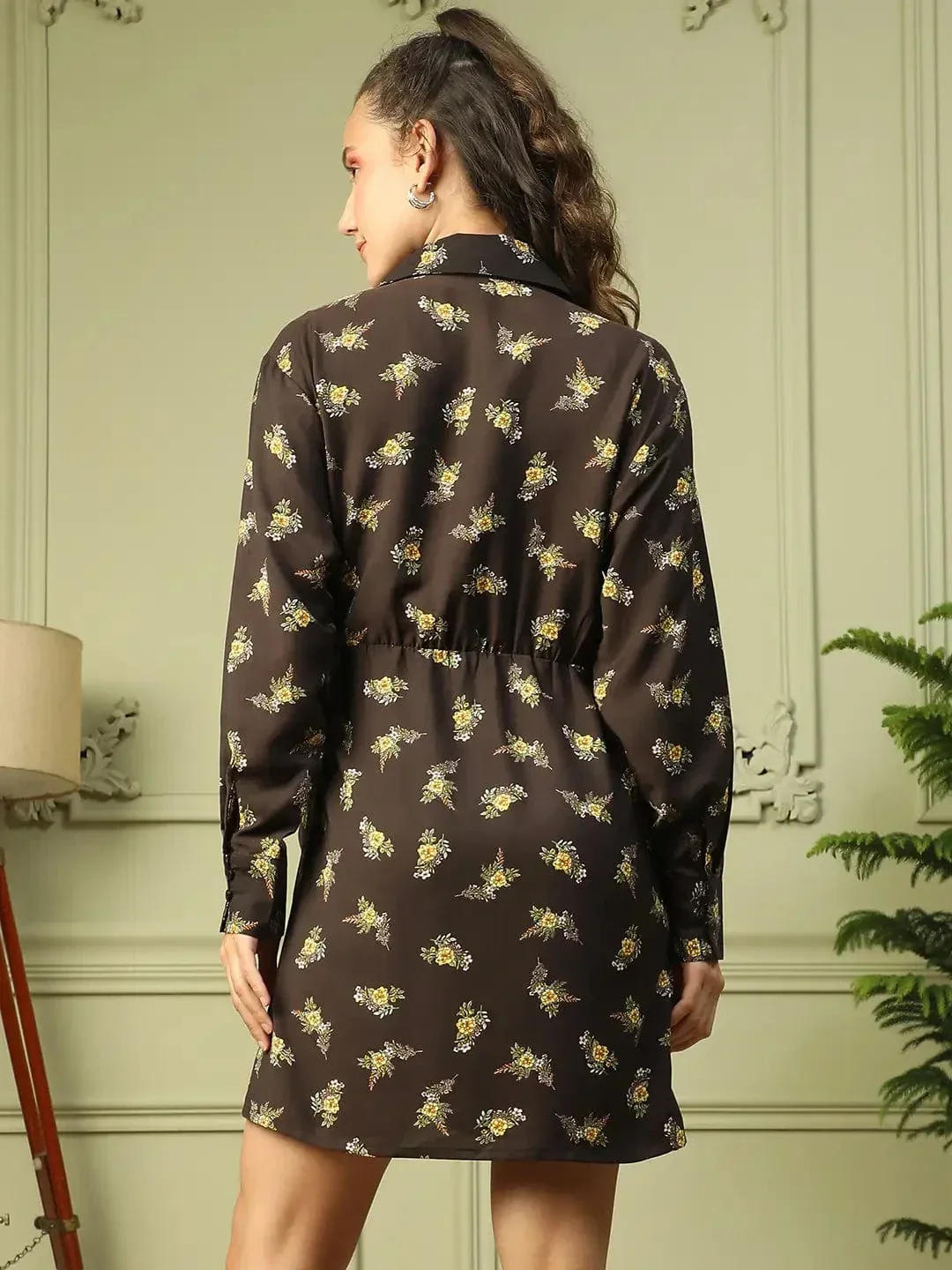 Blare Black Floral Print V-Neck Long Sleeve Tie-Knot Women Wrap Dress - Image 6