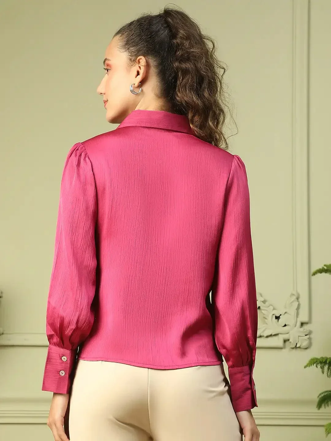 Blazing Purple Collared Long Sleeve Button Down Women Satin Shirt - Image 5