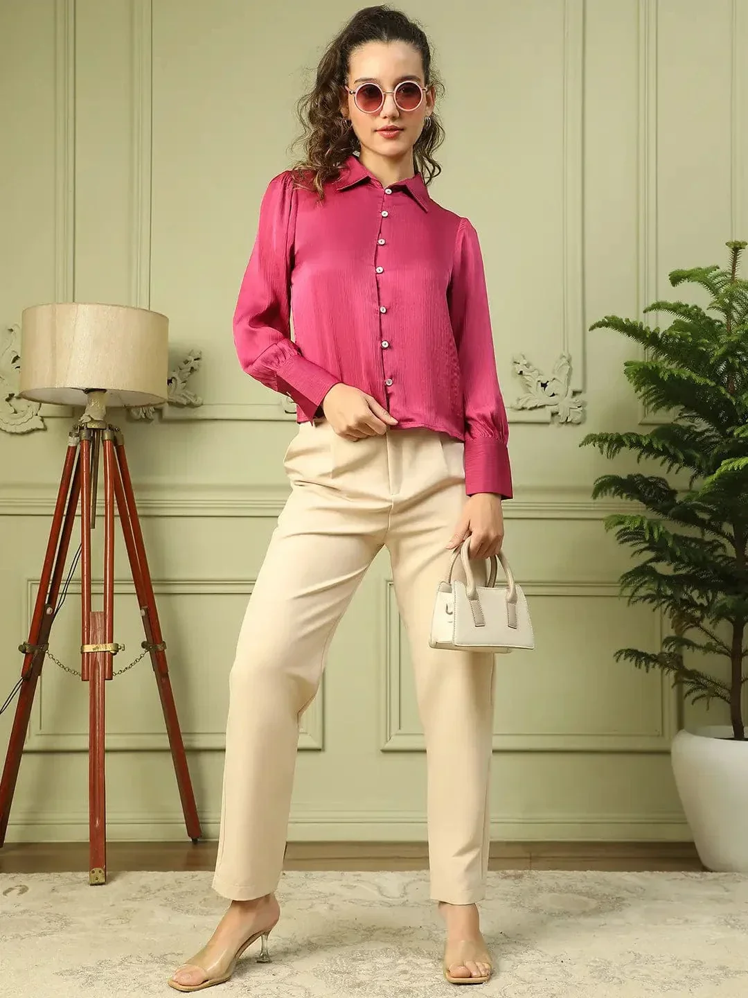 Blazing Purple Collared Long Sleeve Button Down Women Satin Shirt - Image 7