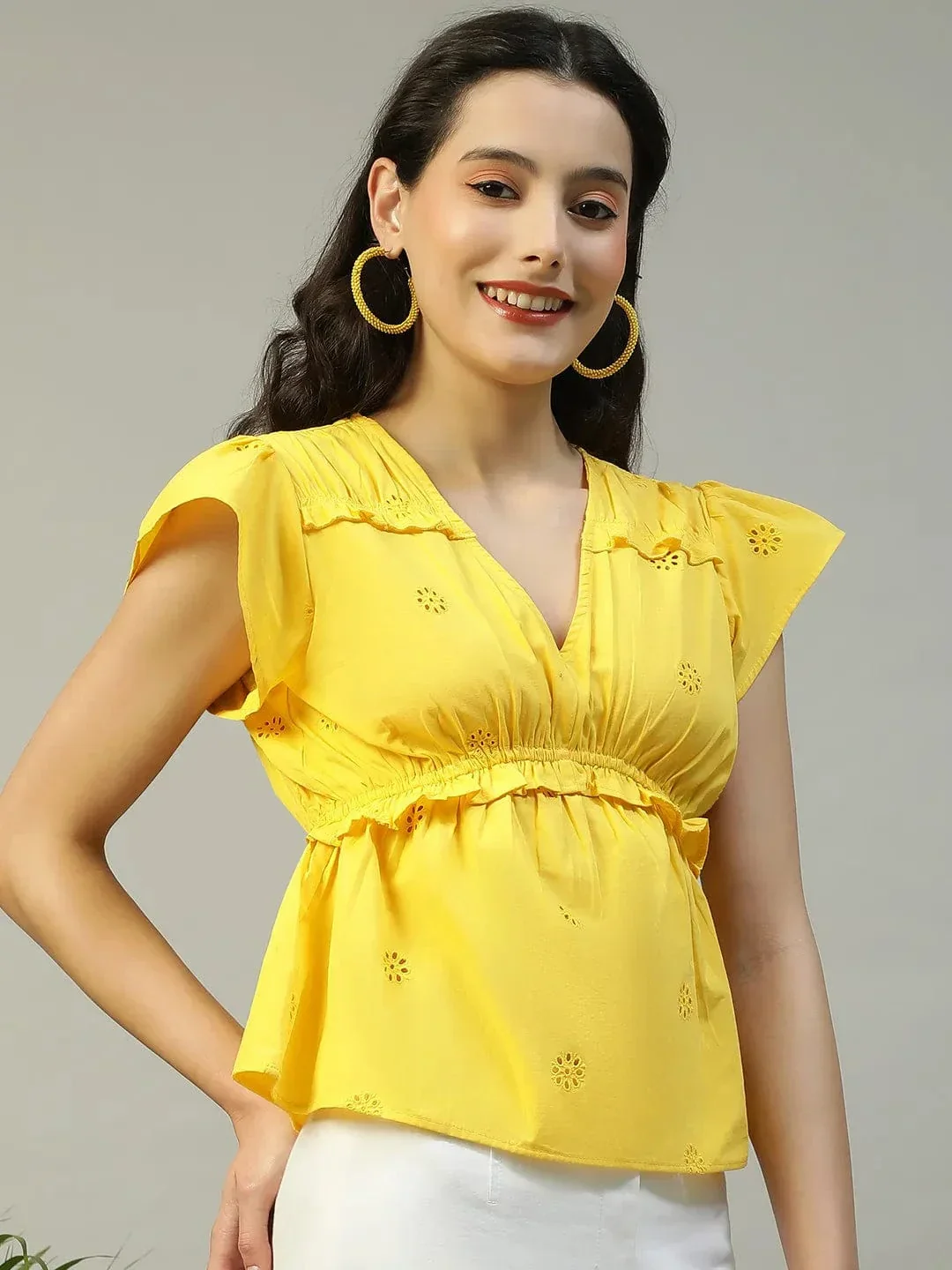 Blingy Yellow Dobby Meld  Short sleeve Frill Detail Women Cotton Peplum Top - Image 4