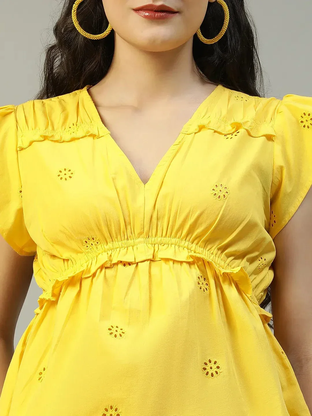 Blingy Yellow Dobby Meld  Short sleeve Frill Detail Women Cotton Peplum Top - Image 5