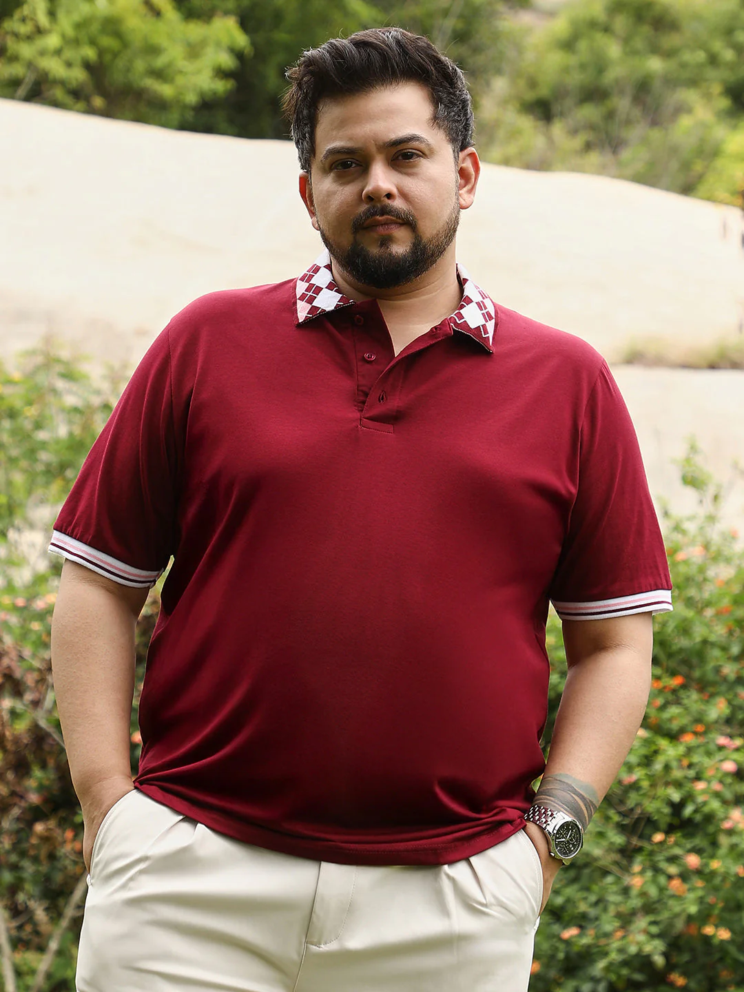 Block Argyle-Knit Polo T-Shirt - Image 2
