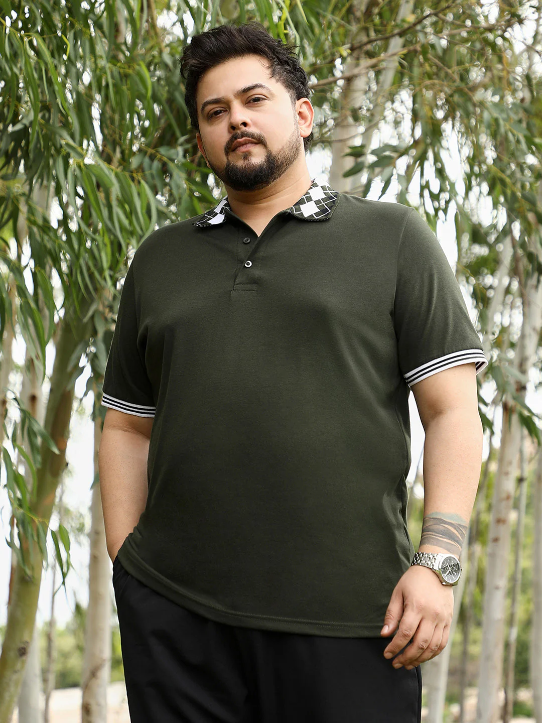 Block Argyle-Knit Polo T-Shirt - Image 2