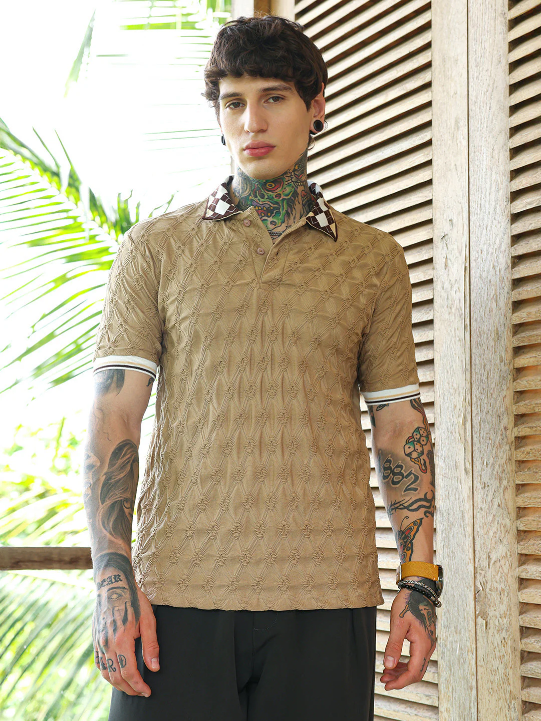Block Argyle-Knit Polo T-Shirt - Image 2
