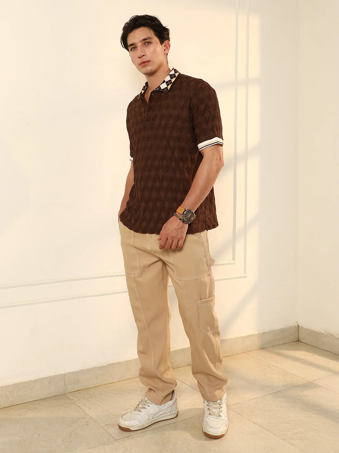Block Argyle-Knit Polo T-Shirt - Image 5