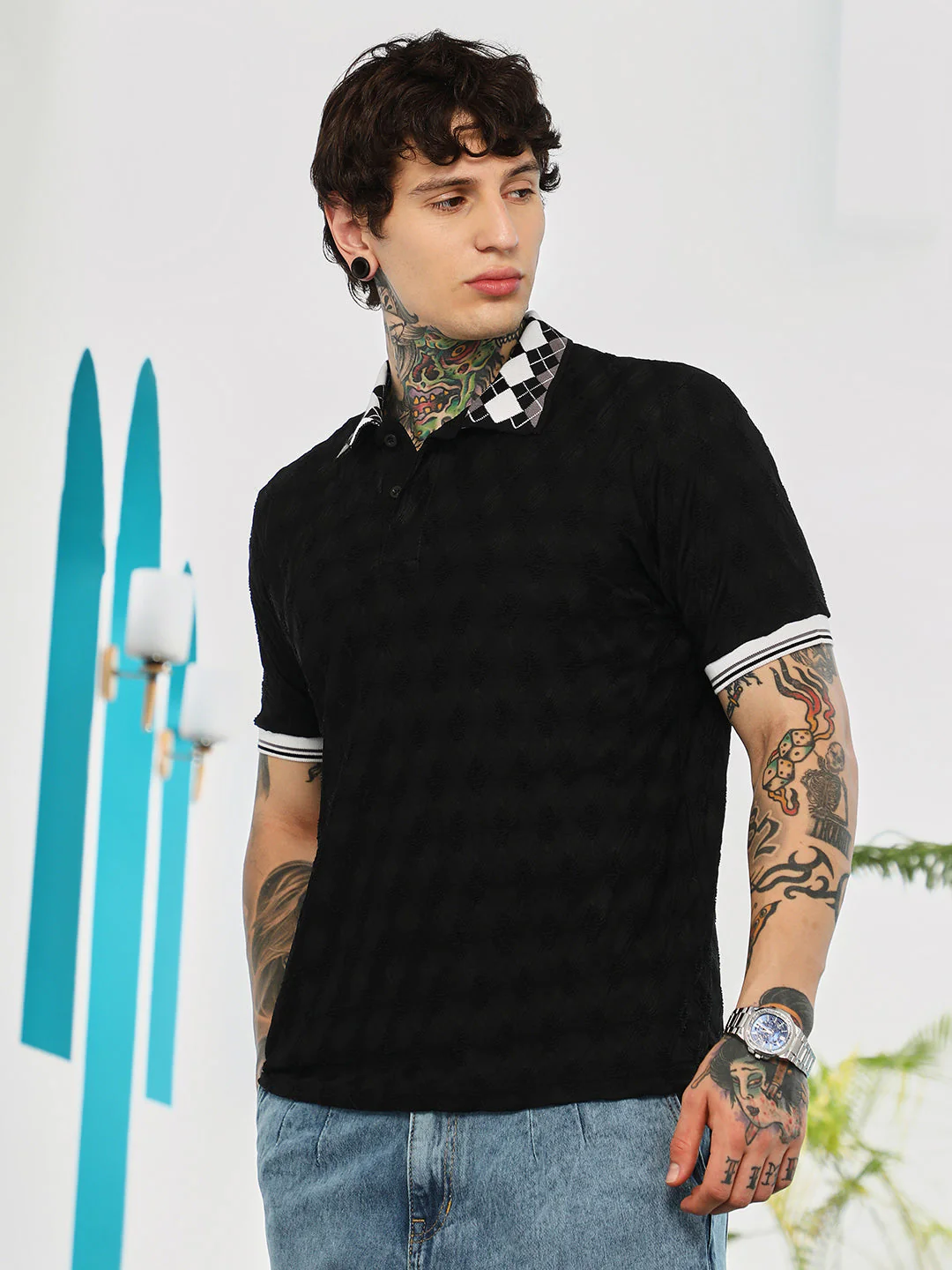 Block Argyle-Knit Polo T-Shirt - Image 3