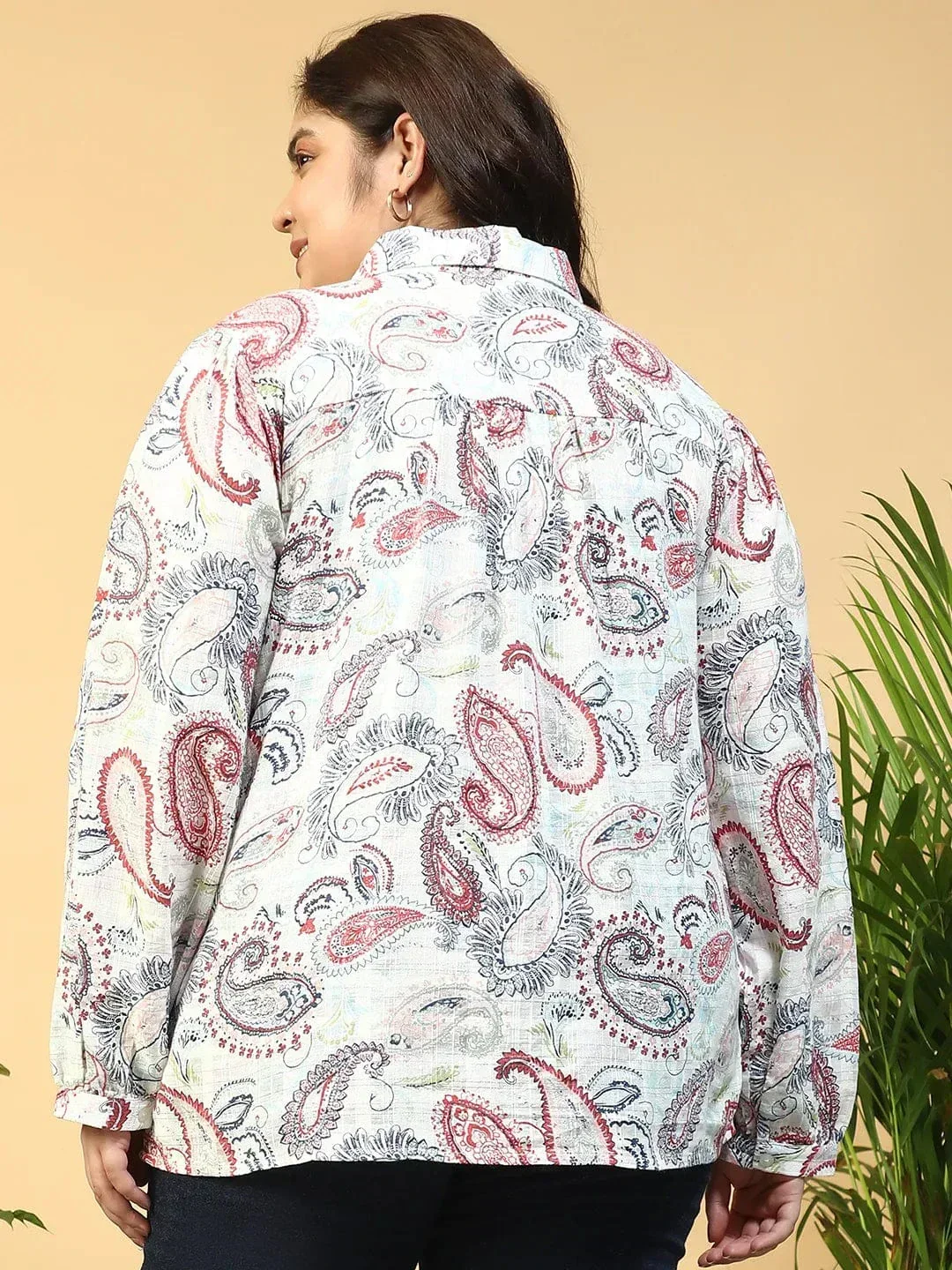 Bloom Multicolor Floral Print Collared Long Sleeve Button Plus Size Women Dobby Cotton Shirt - Image 5