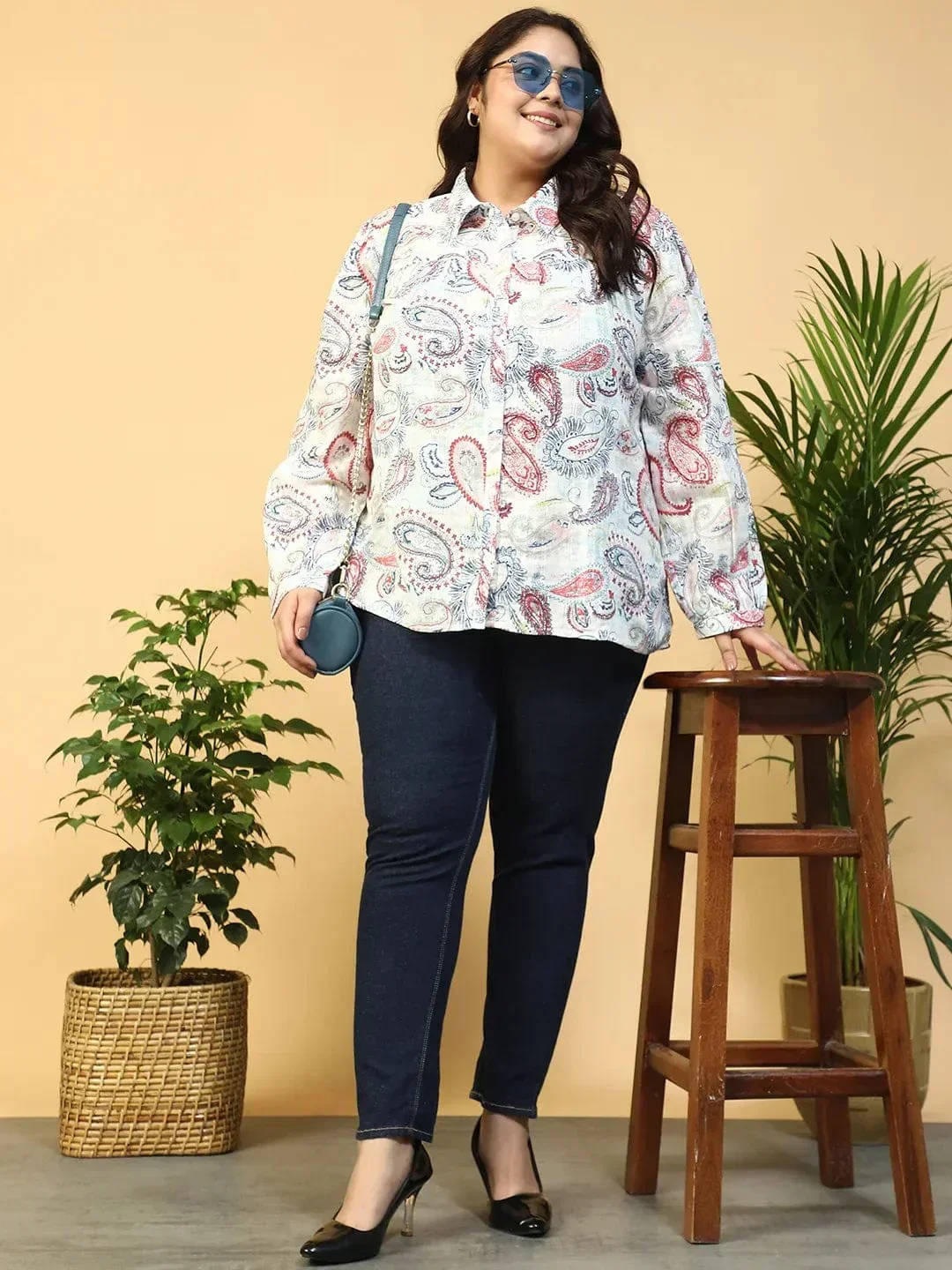 Bloom Multicolor Floral Print Collared Long Sleeve Button Plus Size Women Dobby Cotton Shirt - Image 8