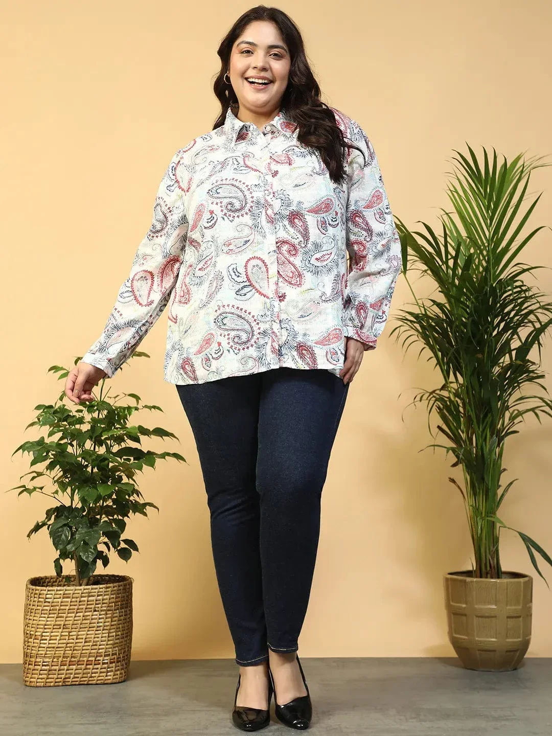 Bloom Multicolor Floral Print Collared Long Sleeve Button Plus Size Women Dobby Cotton Shirt - Image 9