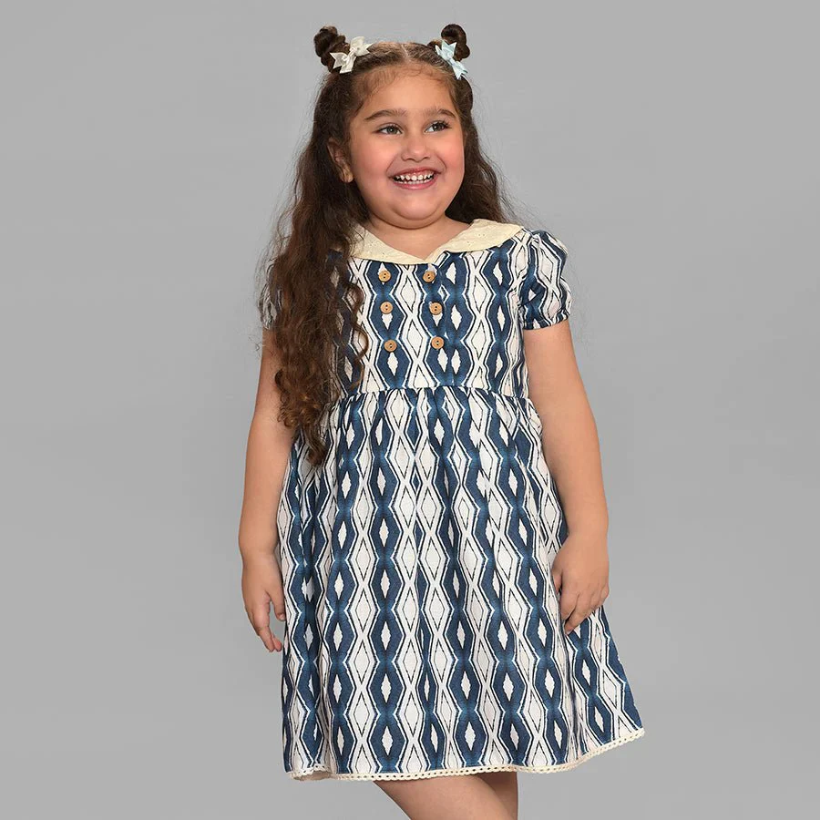 Bloom Woven Printed Dress Blue Frocks For Baby Girl - Image 2