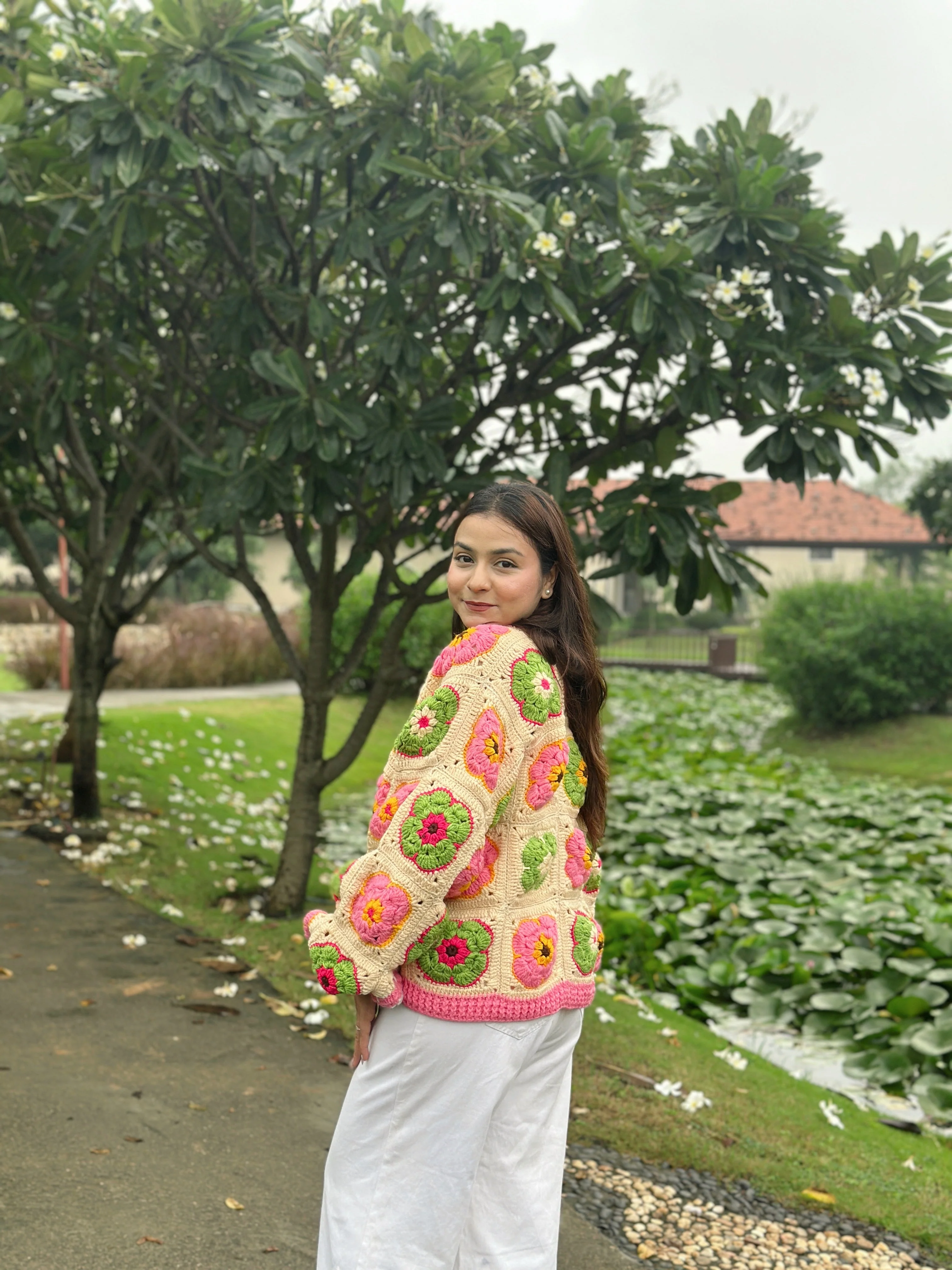 Blossom Patch Handmade Cardigan - Pink Green - Image 3