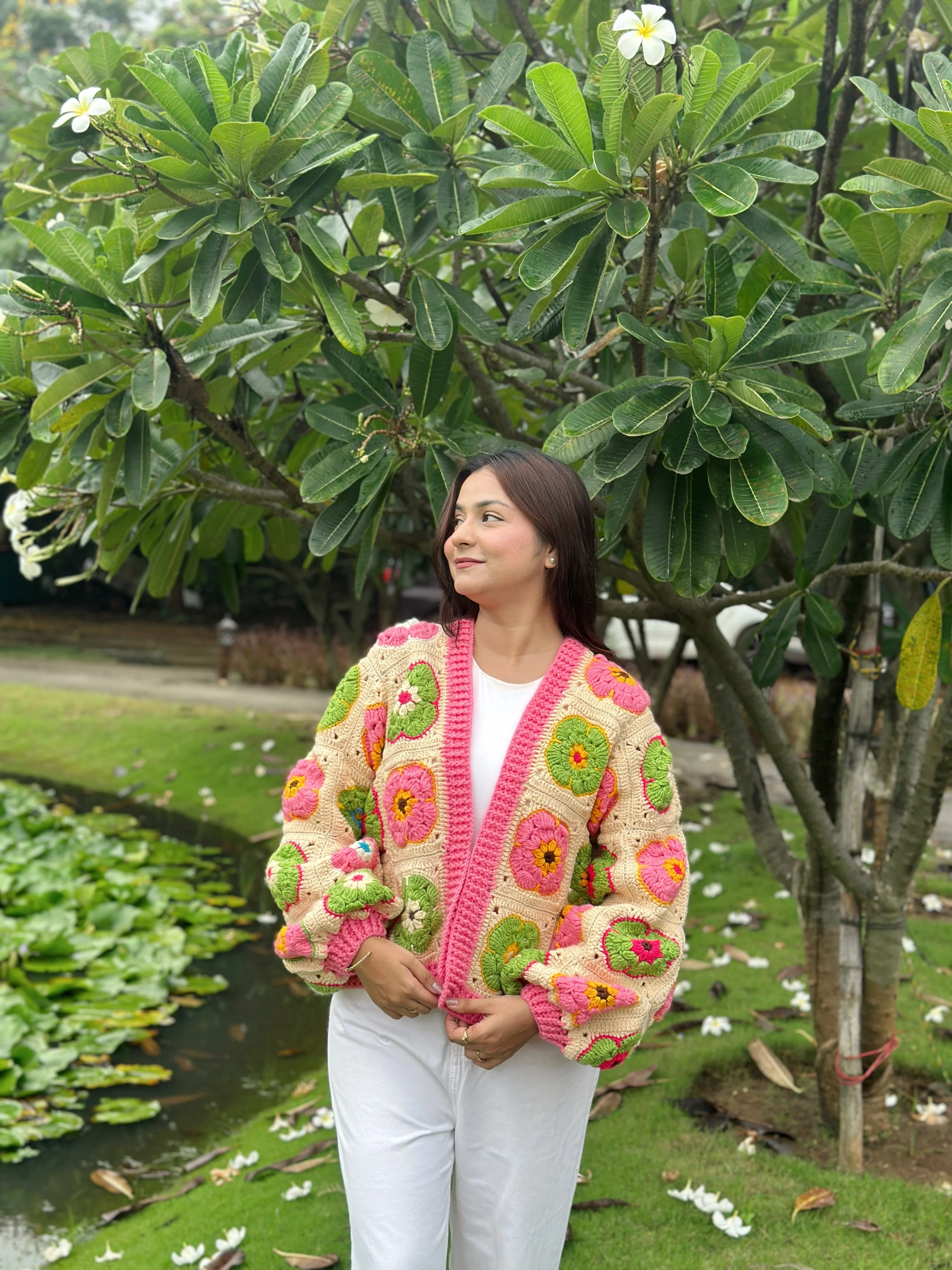 Blossom Patch Handmade Cardigan - Pink Green - Image 8