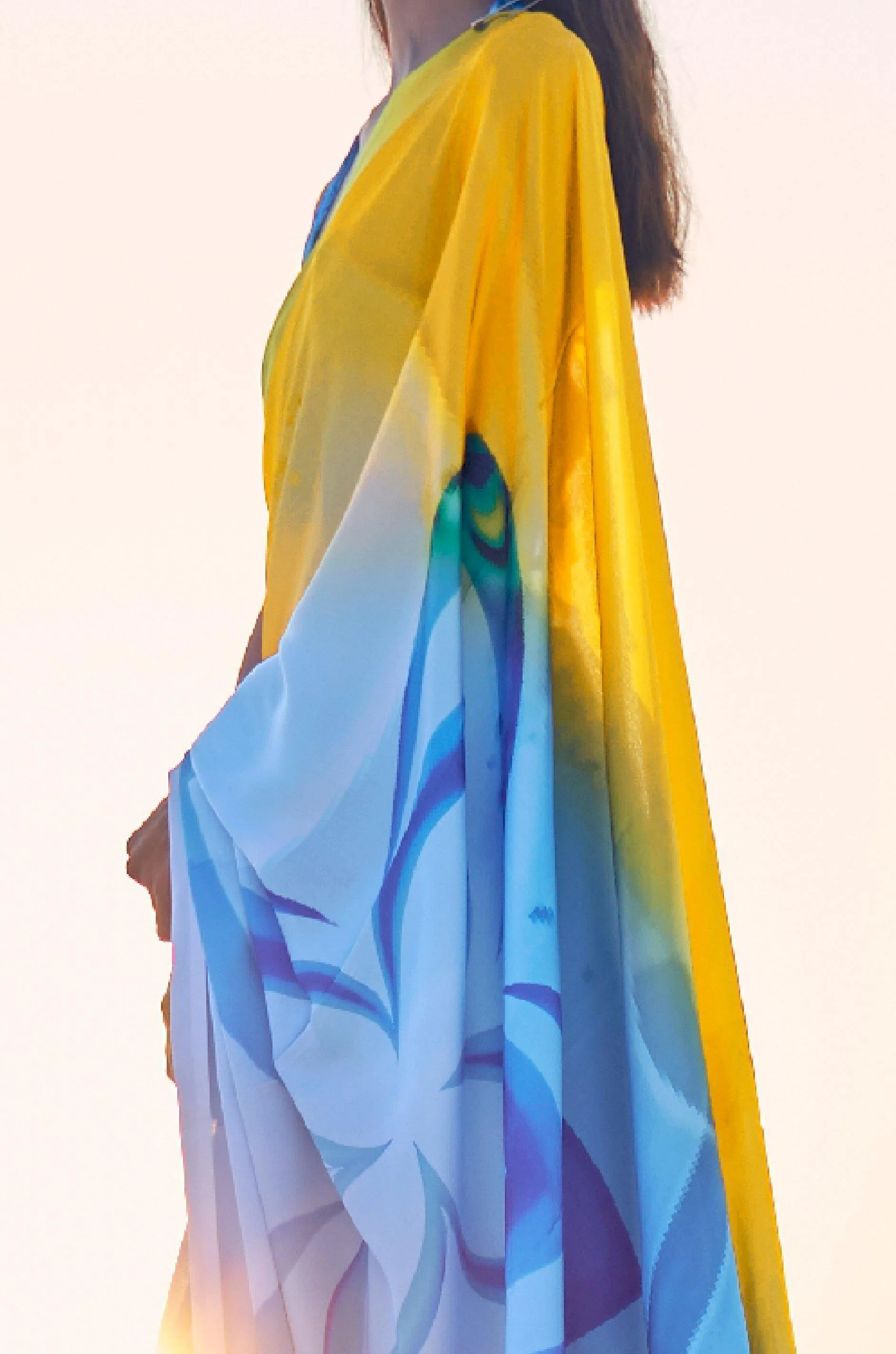 Blue And Yellow Digital Print Satin Silk Saree - Image 3