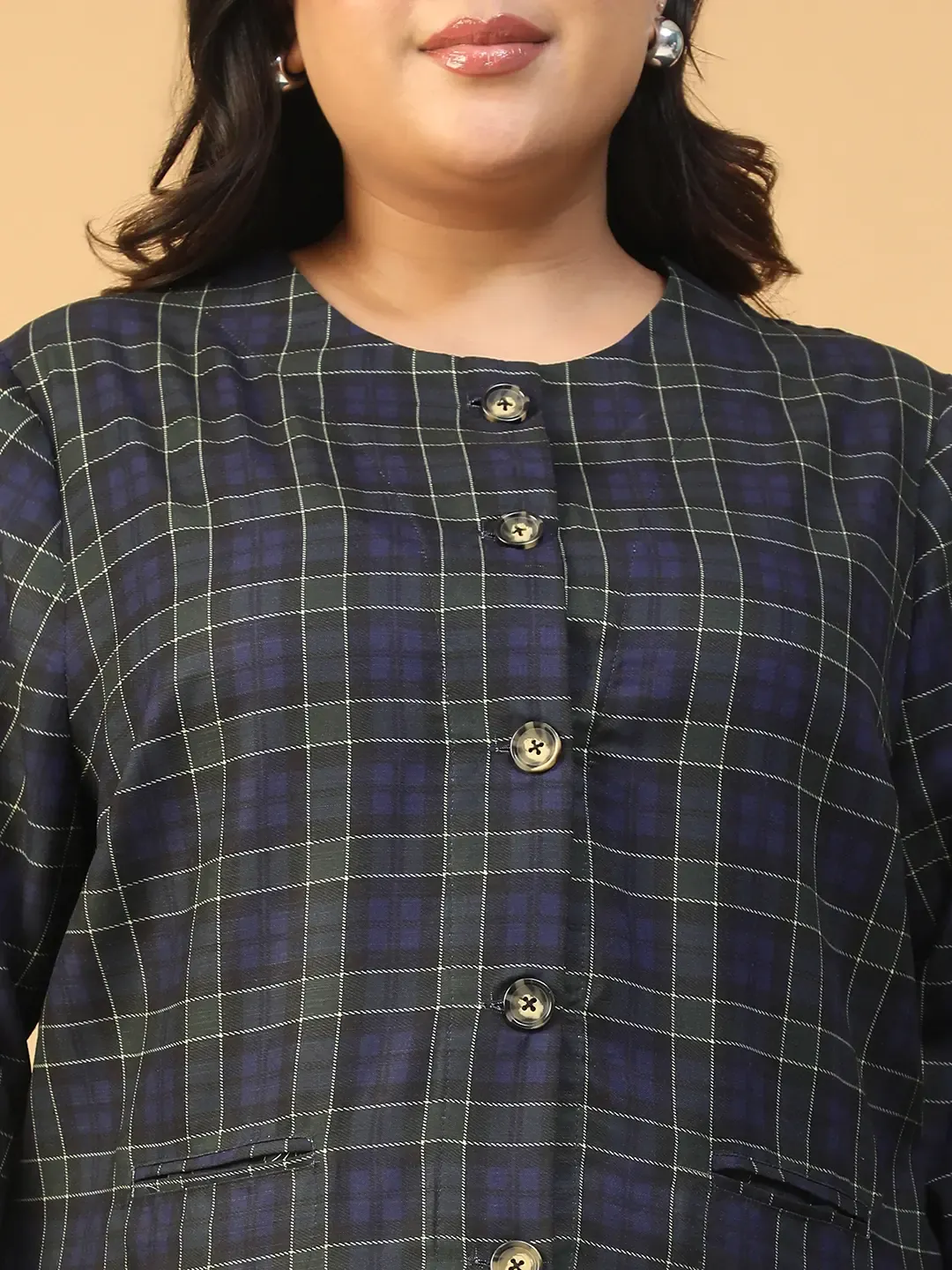 Blue Check Button-Down Plus Size Women's Top - Image 2