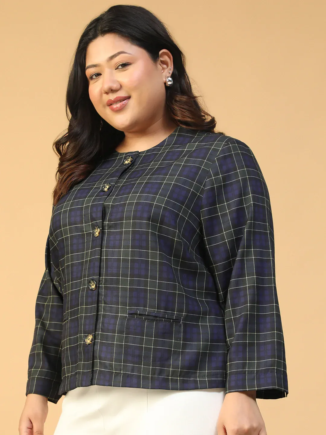 Blue Check Button-Down Plus Size Women's Top - Image 4