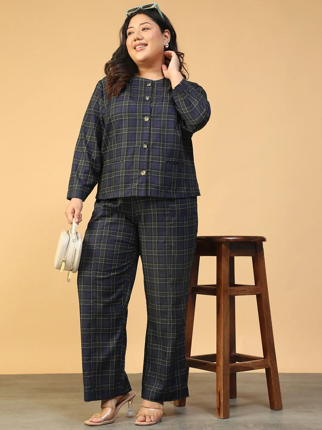 Blue Check Plus Size Co-Ord Set With Button-Down Top - Image 3