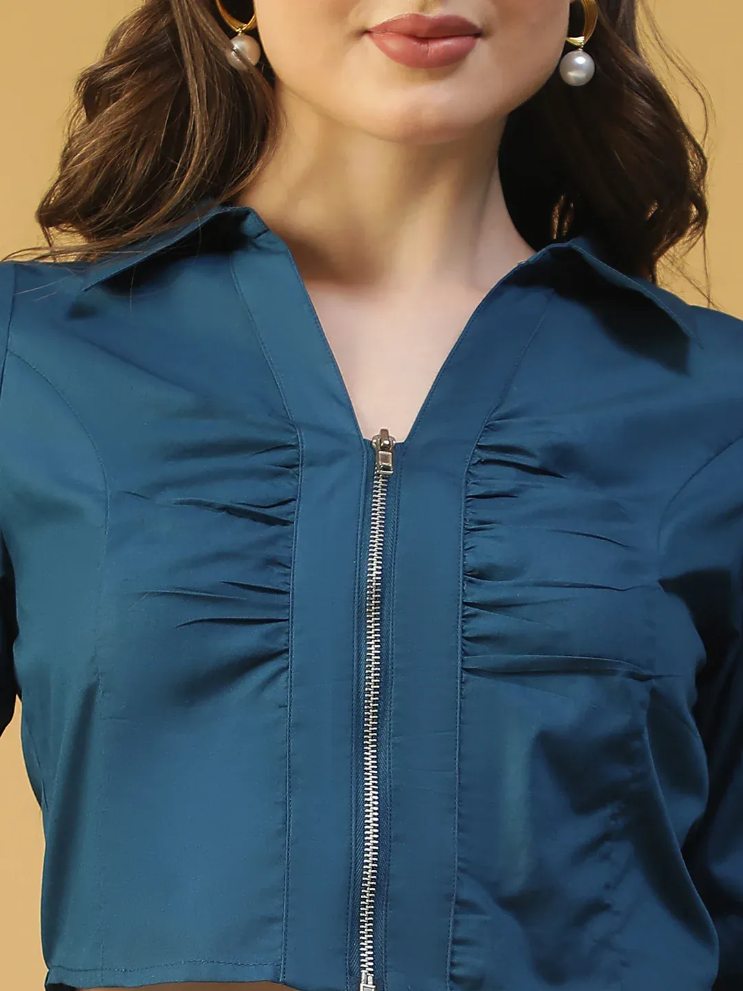 Blue Cotton Women’s Crop Top with Collar & Zip Front - Image 2