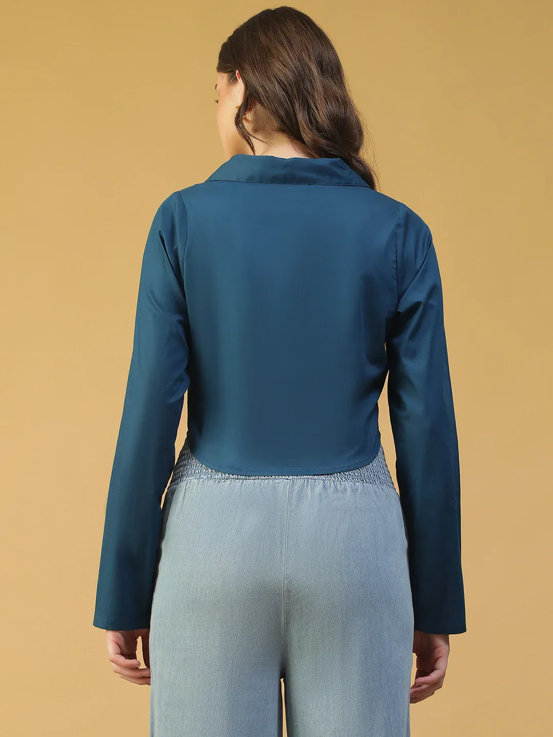 Blue Cotton Women’s Crop Top with Collar & Zip Front - Image 3