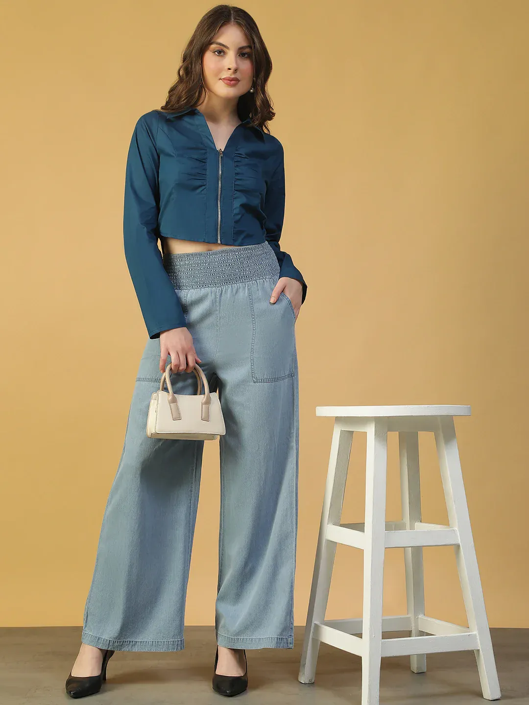 Blue Cotton Women’s Crop Top with Collar & Zip Front - Image 8