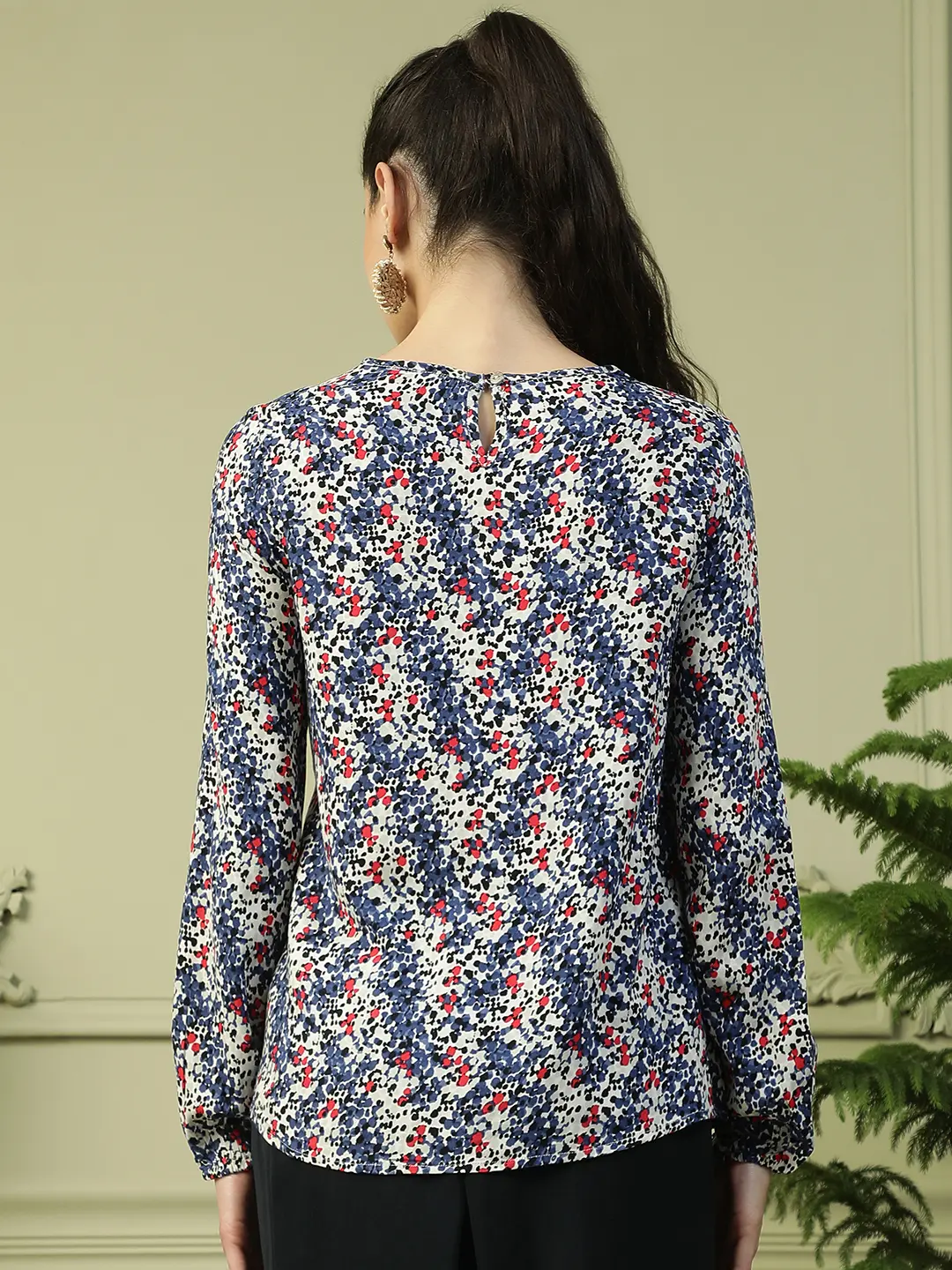 Blue Floral Long Sleeve Women’s Top with Front Tie-Up - Image 3