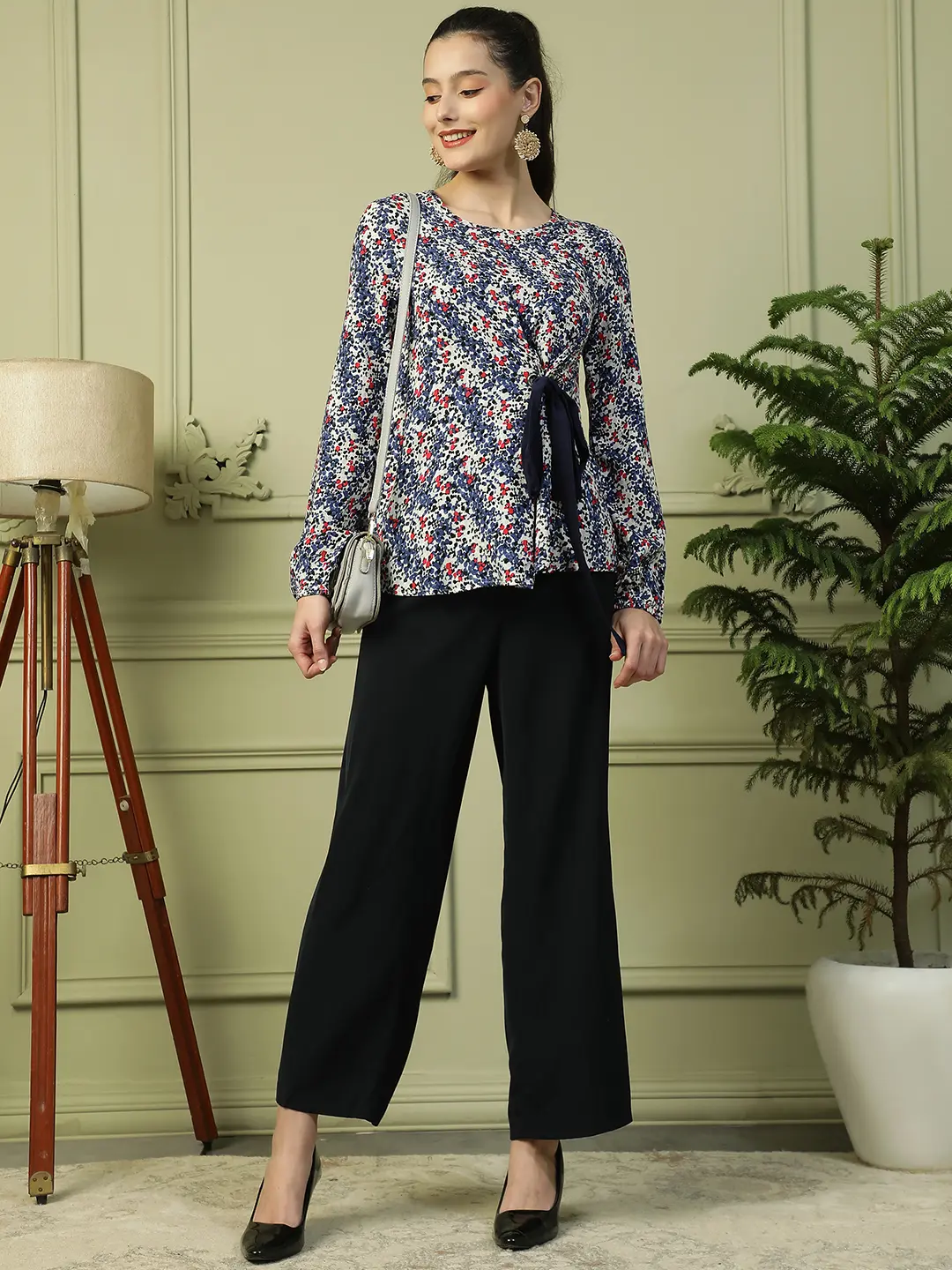 Blue Floral Long Sleeve Women’s Top with Front Tie-Up - Image 4