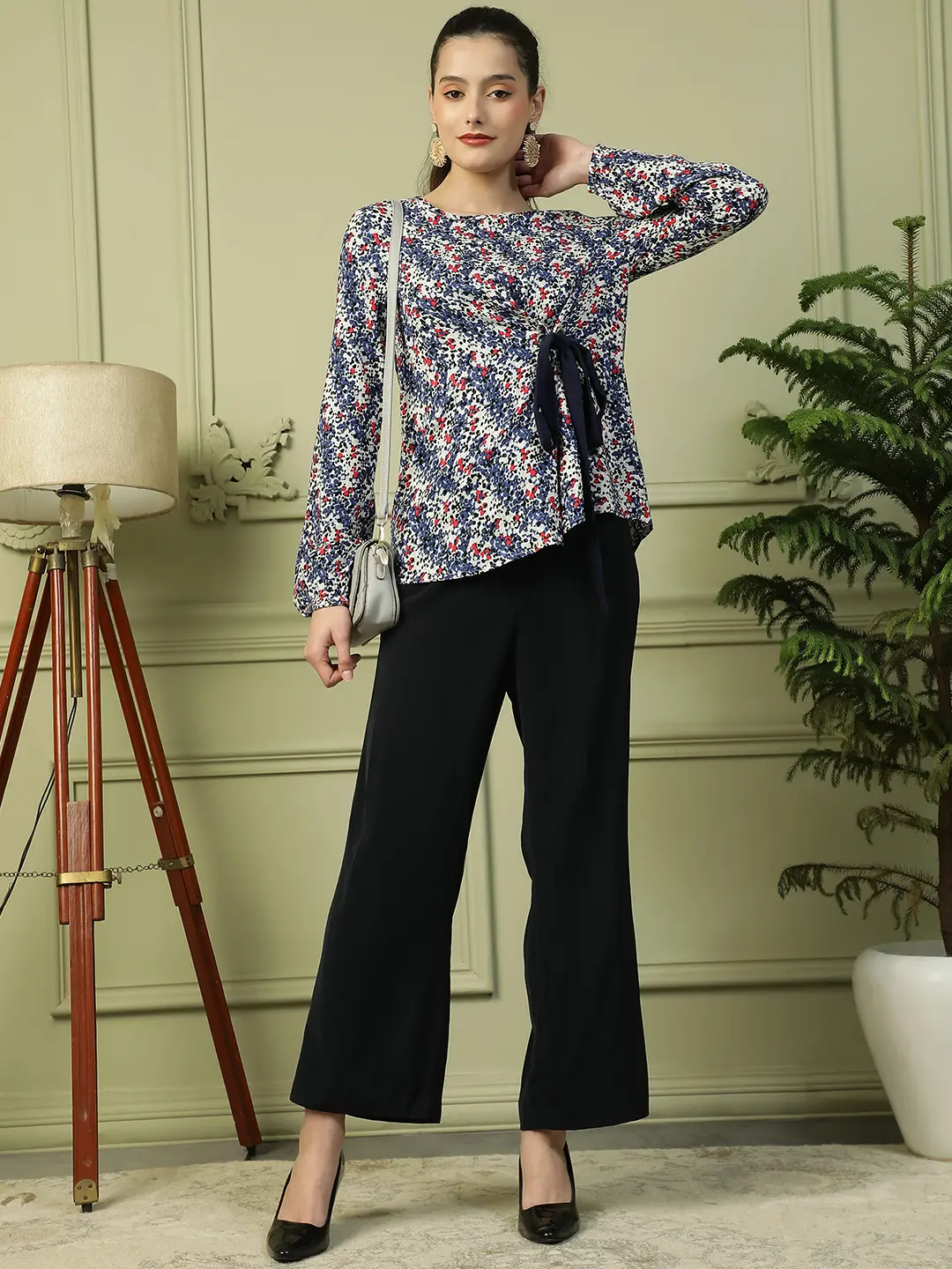 Blue Floral Long Sleeve Women’s Top with Front Tie-Up - Image 5