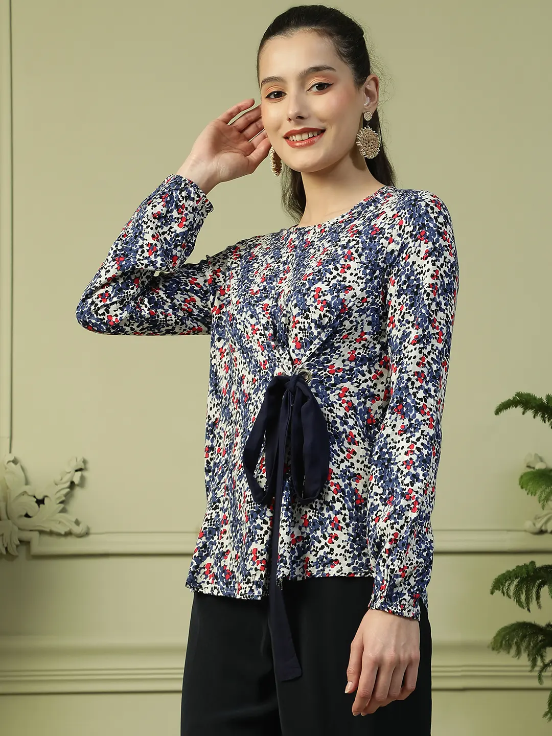 Blue Floral Long Sleeve Women’s Top with Front Tie-Up - Image 7