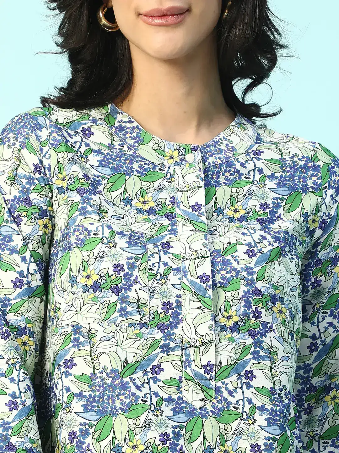 Blue Floral Print Long Sleeve Women's Top - Image 2
