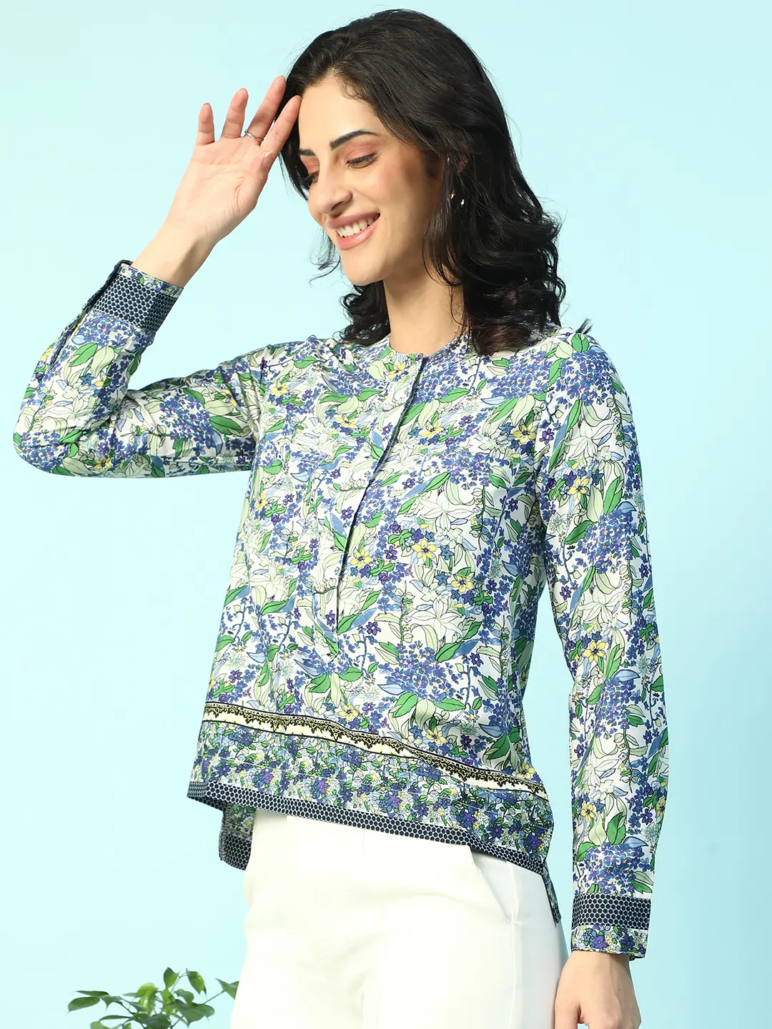 Blue Floral Print Long Sleeve Women's Top - Image 5