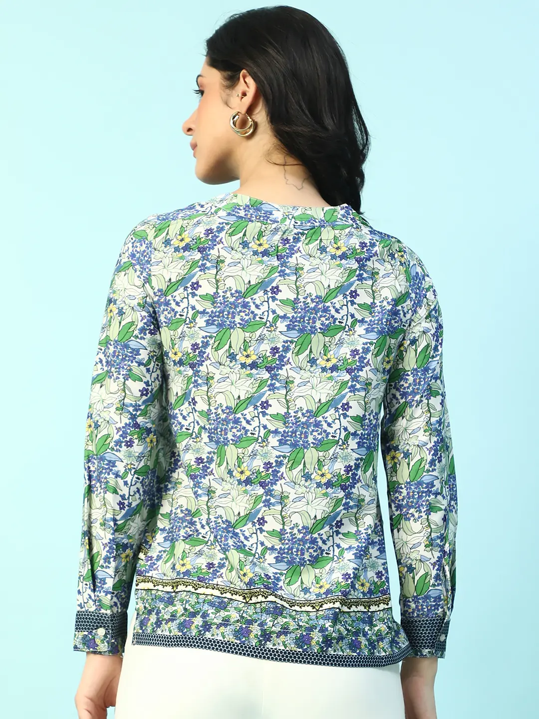Blue Floral Print Long Sleeve Women's Top - Image 7