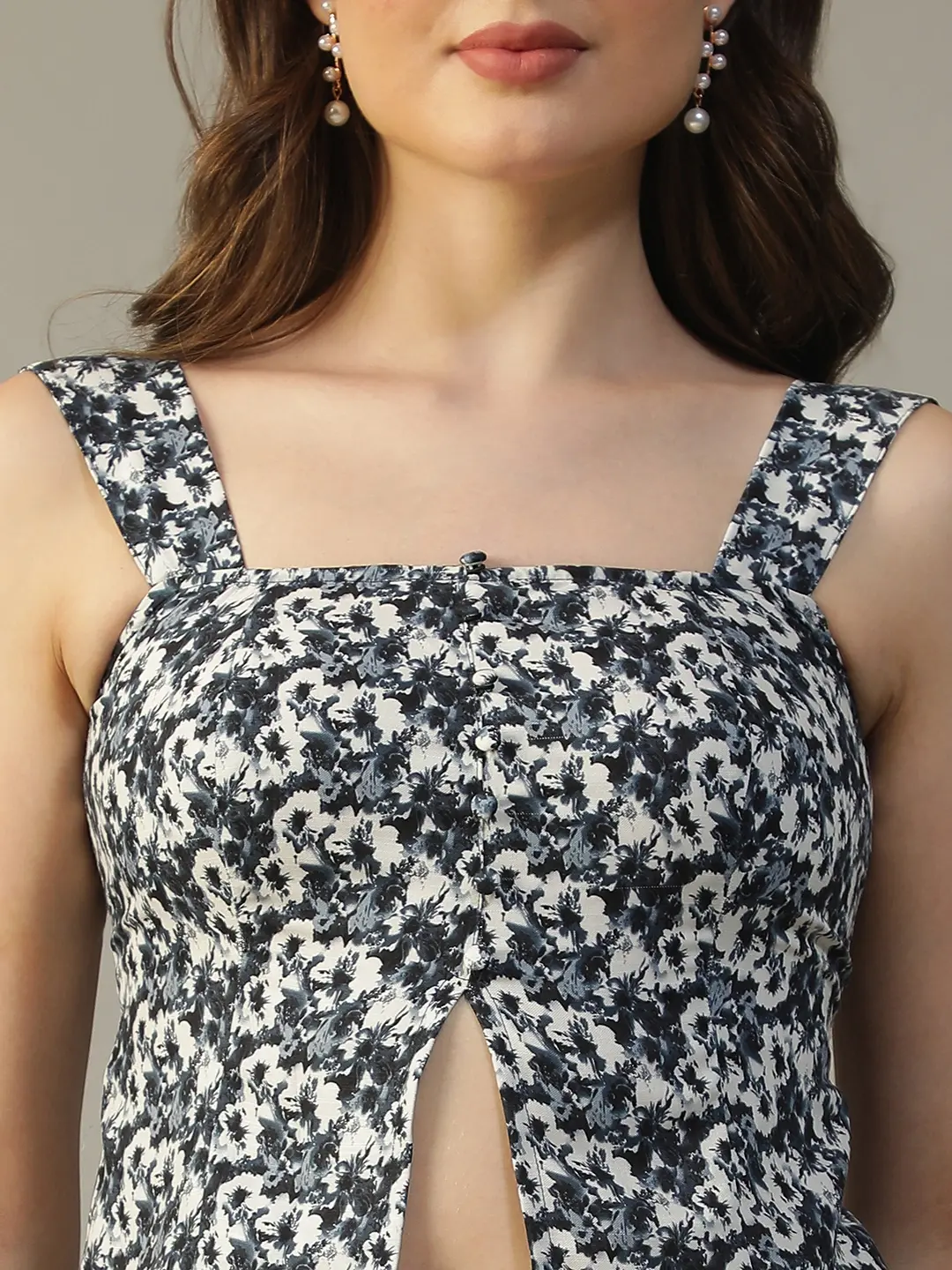 Blue Floral Print Women’s Top With Shoulder Straps - Image 2