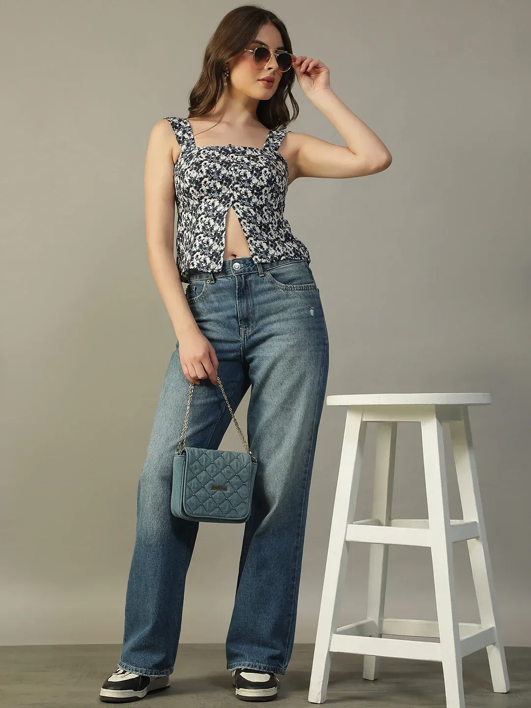 Blue Floral Print Women’s Top With Shoulder Straps - Image 5
