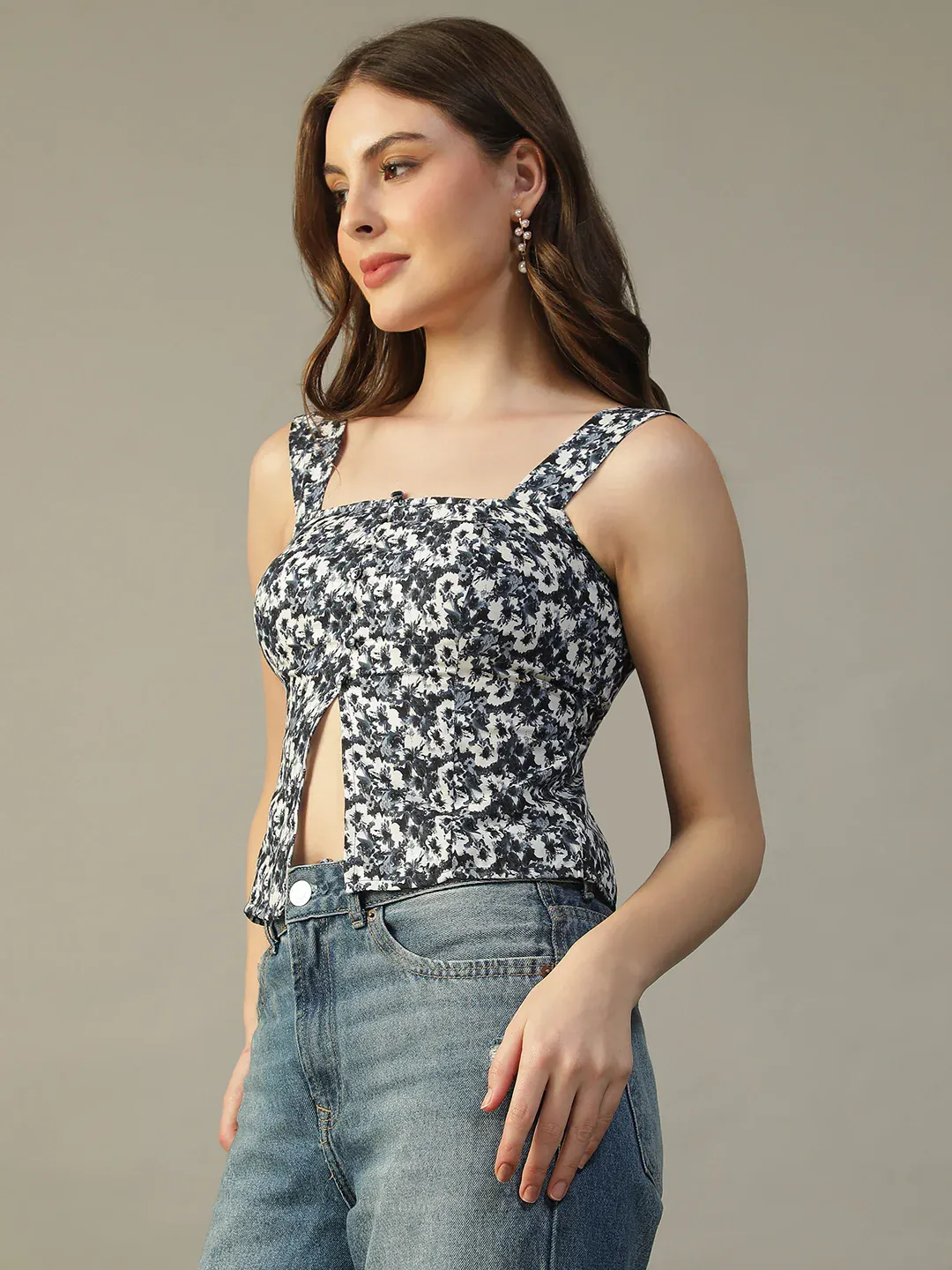 Blue Floral Print Women’s Top With Shoulder Straps - Image 7