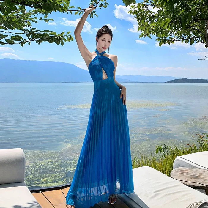 Blue Halter Maxi Dress - Image 4