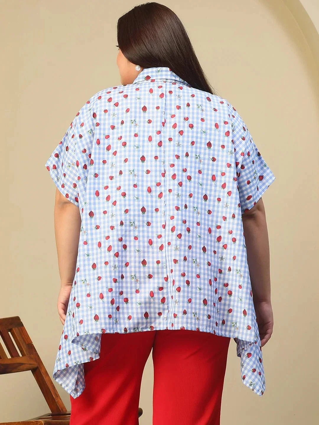 Blue Heart Print Button Down Short Sleeve High Low Cotton Blend Plus Size Women Top - Image 5