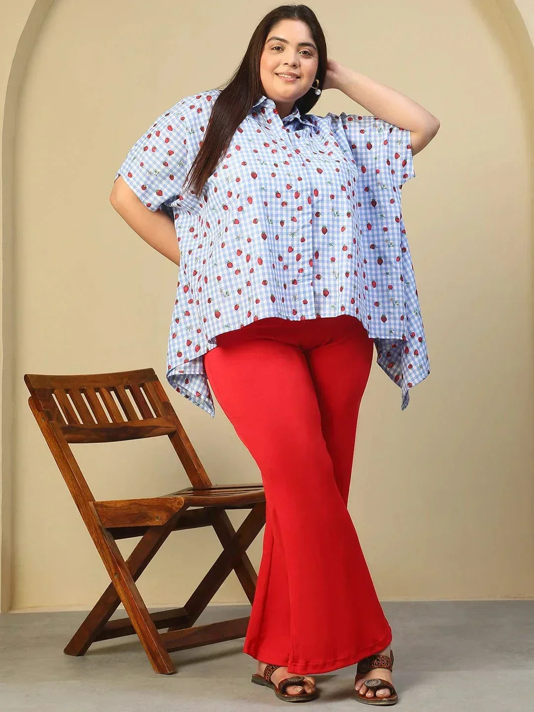 Blue Heart Print Button Down Short Sleeve High Low Cotton Blend Plus Size Women Top - Image 7