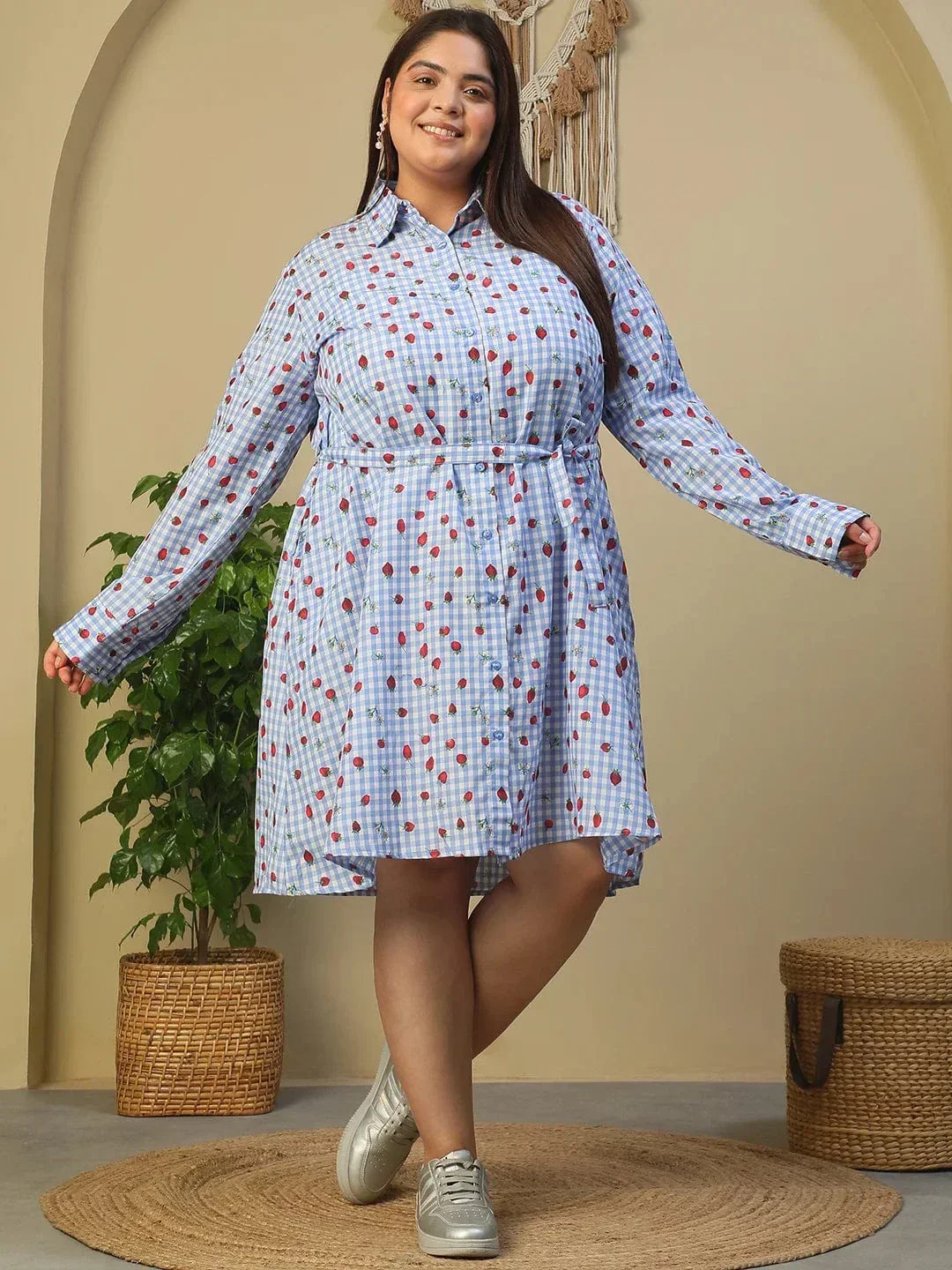 Blue Heart Print Collared Button Down With Waist Belt Plus Size Women Cotton Blend Dress - Image 8