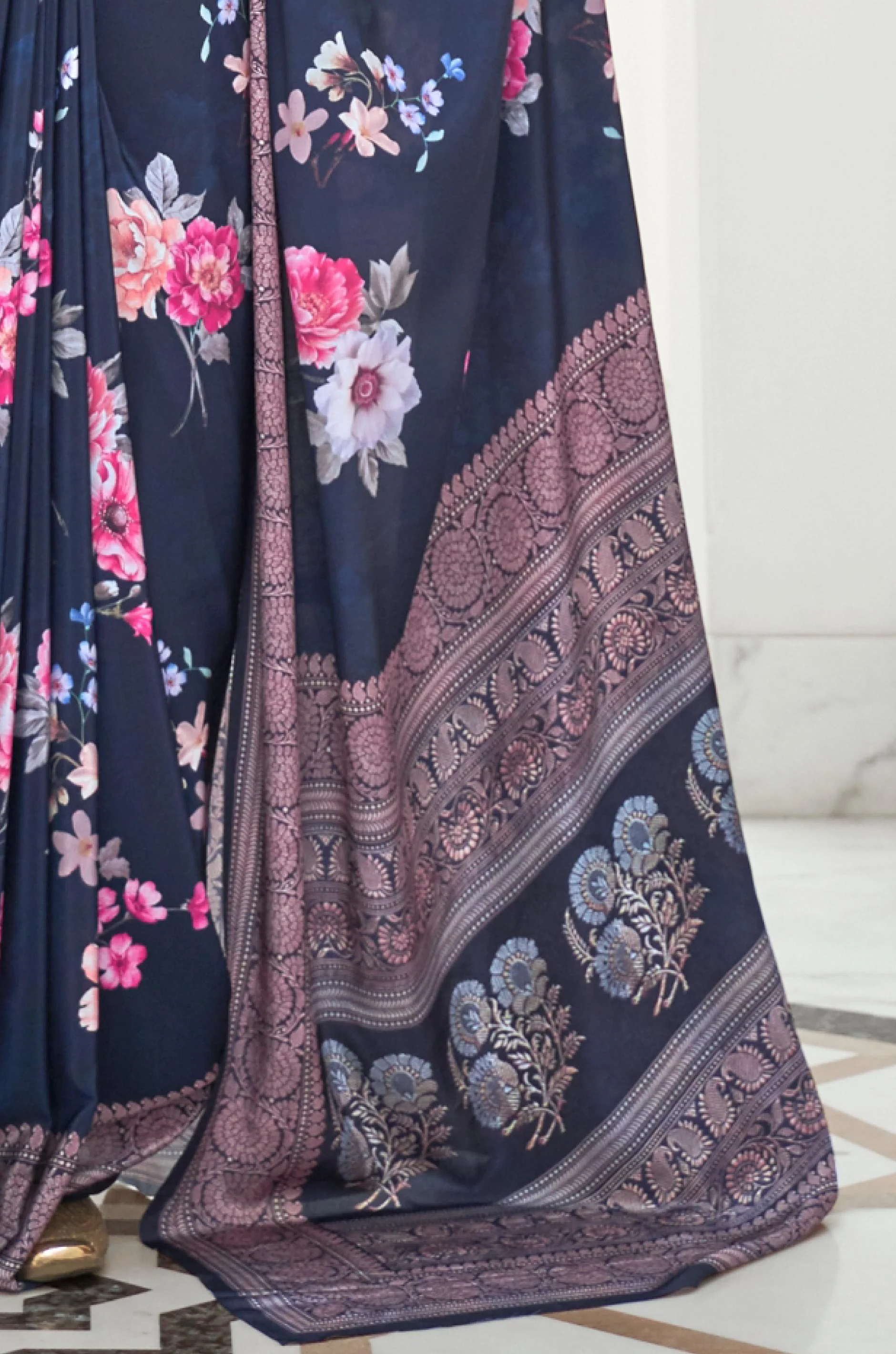 Blue Multicolour Satin Crepe Saree - Image 2