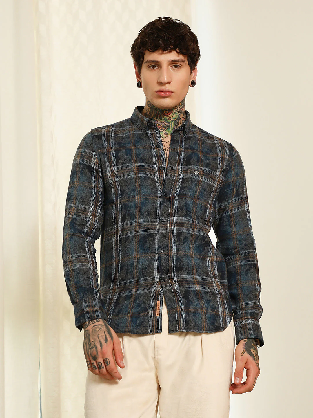 Blue Plaid Cotton Blend Slim Fit Shirt - Image 2