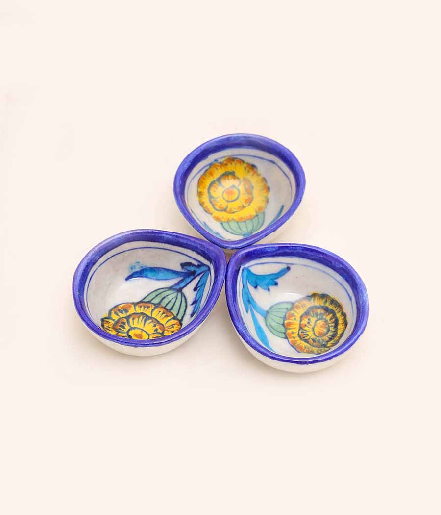 Blue Pottery Traditional Yellow Flower Design Diya - Image 3