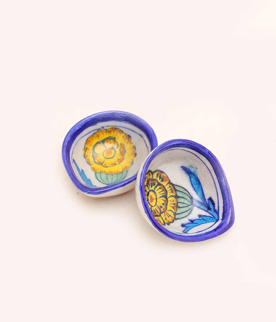 Blue Pottery Traditional Yellow Flower Design Diya - Image 5