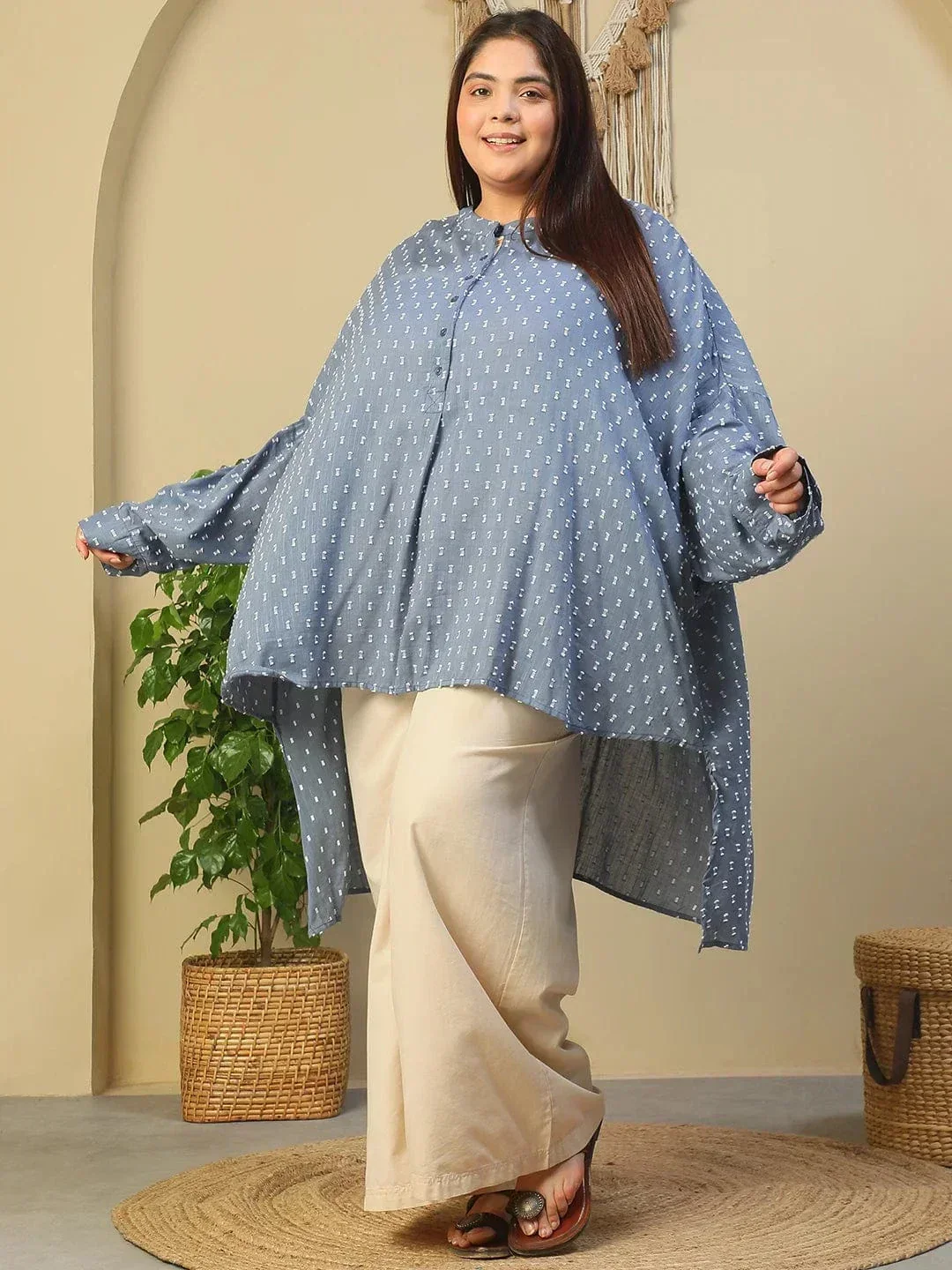 Blue Round Neck With Button Placket Long Sleeve High Hem Yarn Dyed Dobby Plus Size Women Cotton Tunic - Image 7
