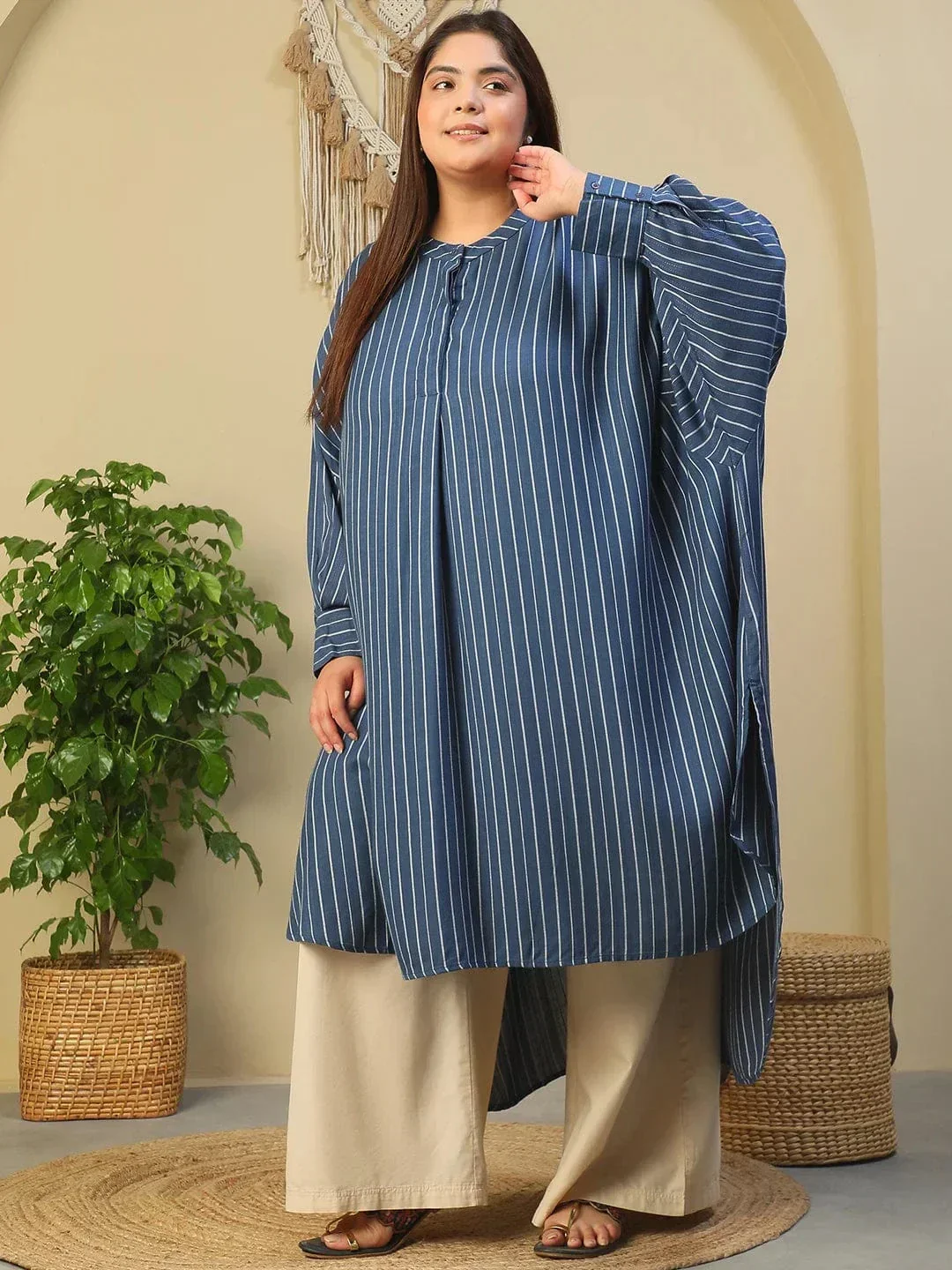 Blue Round Neck With Button Placket Long Sleeve High Low Plus Size Women Dobby Tunic - Image 8