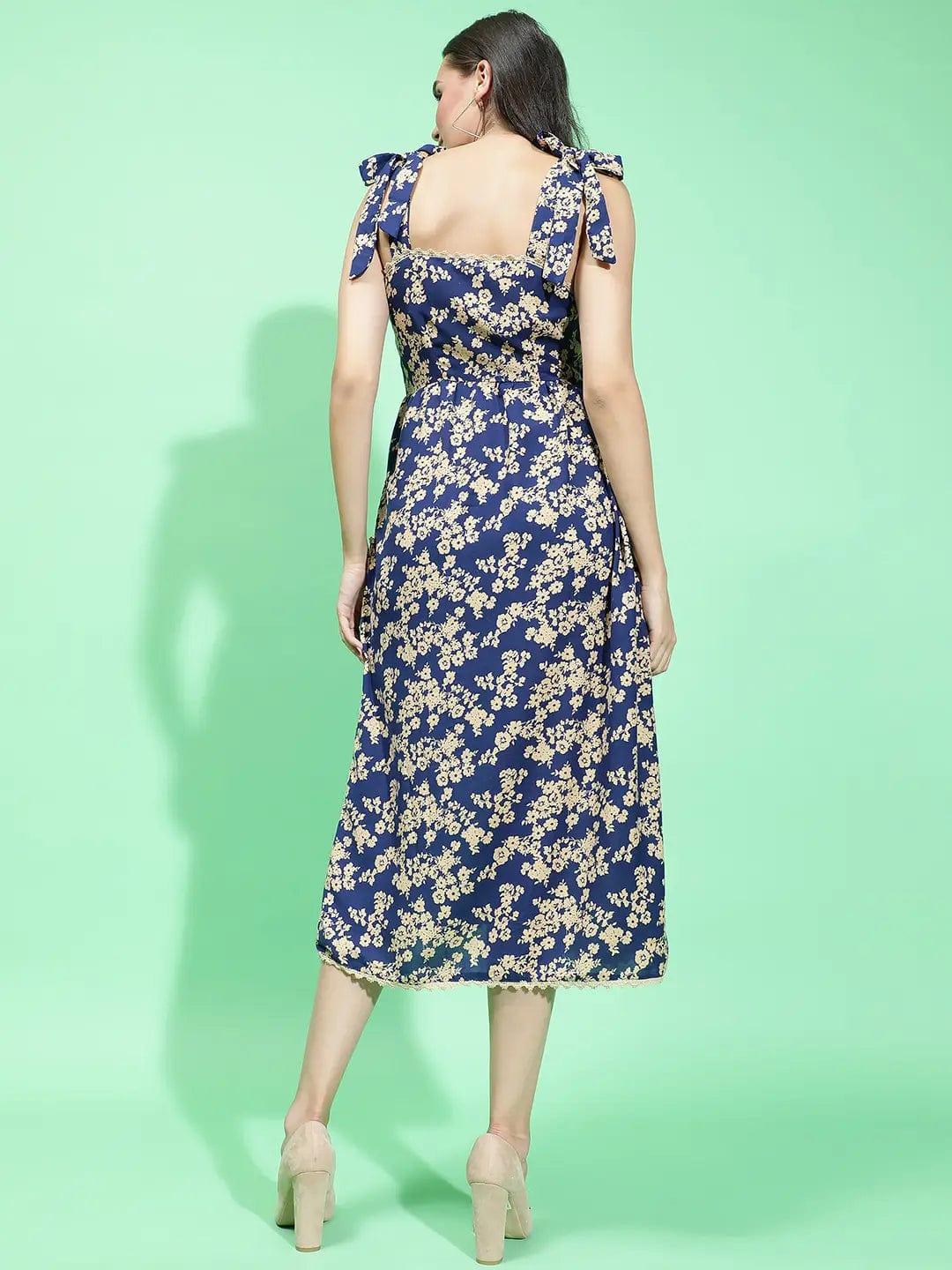 Blue Sleeveless Floral Print Shoulder Strap Women Dress - Image 5