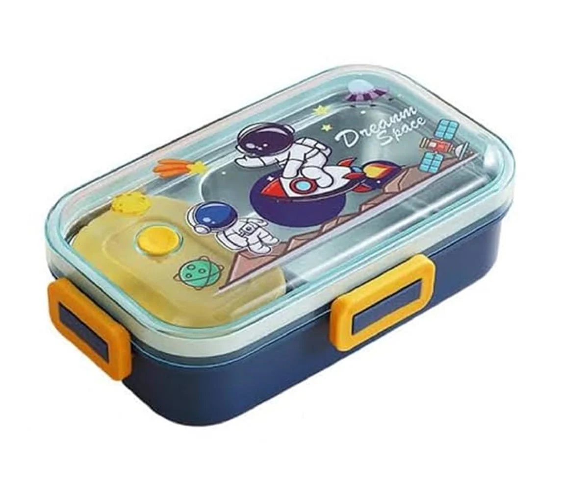 Blue Space Design Kids Stainless Steel Lunch Box | 700ml + 100ml Soup Bowl | Leak-Proof | 4-Lock Lid | Heatable Insulation | School, Picnic, Outdoor Meals - Image 2