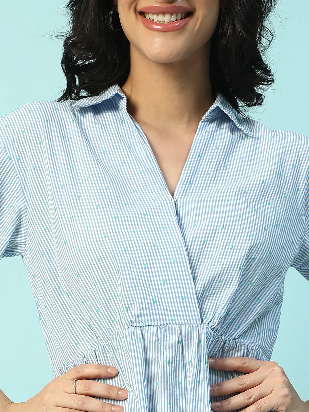 Blue Stripe Print Elasticated Cotton Dobby Women Dress - Image 2