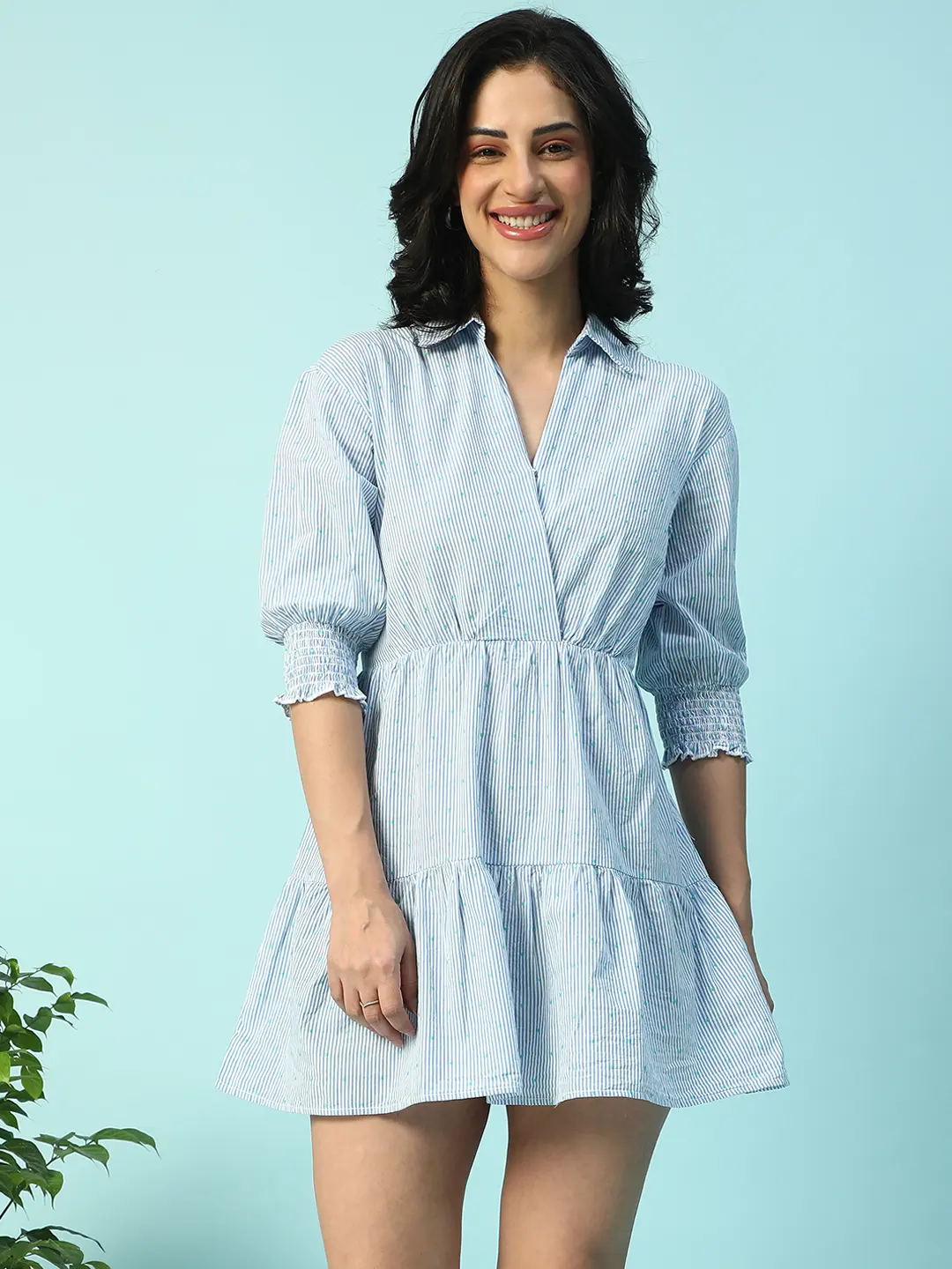 Blue Stripe Print Elasticated Cotton Dobby Women Dress - Image 3